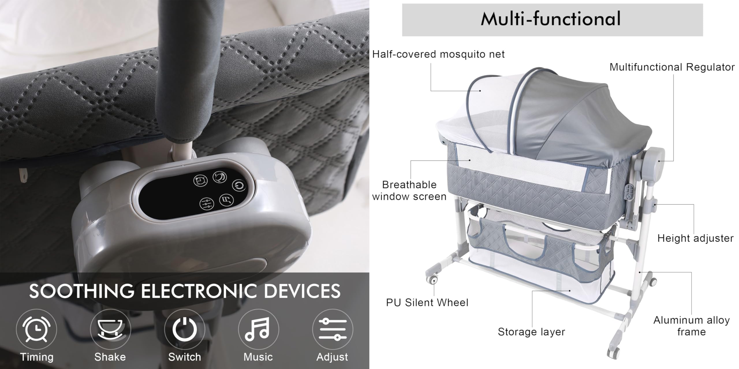 Nine point nine Elettrico Bluetooth Intelligente Culla Next to Me, Culla Neonato Fianco Letto, Convertibile Co-sleeping per Bambini Pieghevole con Musica 5 Ingranaggi Ondeggianti (608 Black)