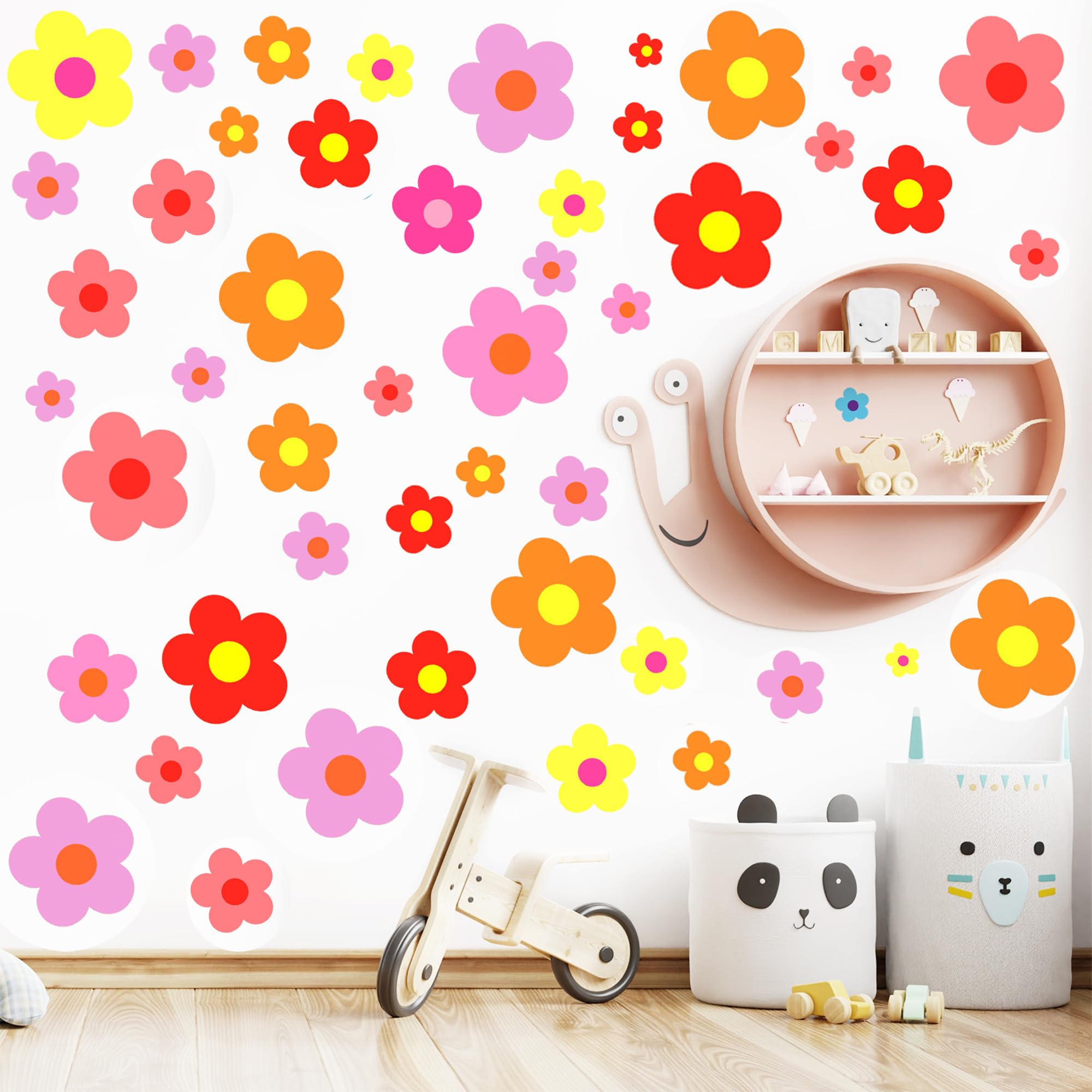 Flower Wall Stickers, Wall Stickers, Vinyl Stickers DWUENT Vintage Floral Peel and Stick Decals for Girls Bedroom, Living Room, Nursery, 5 Sheets 140PCS, 22x30cm, Pink & Orange Mix