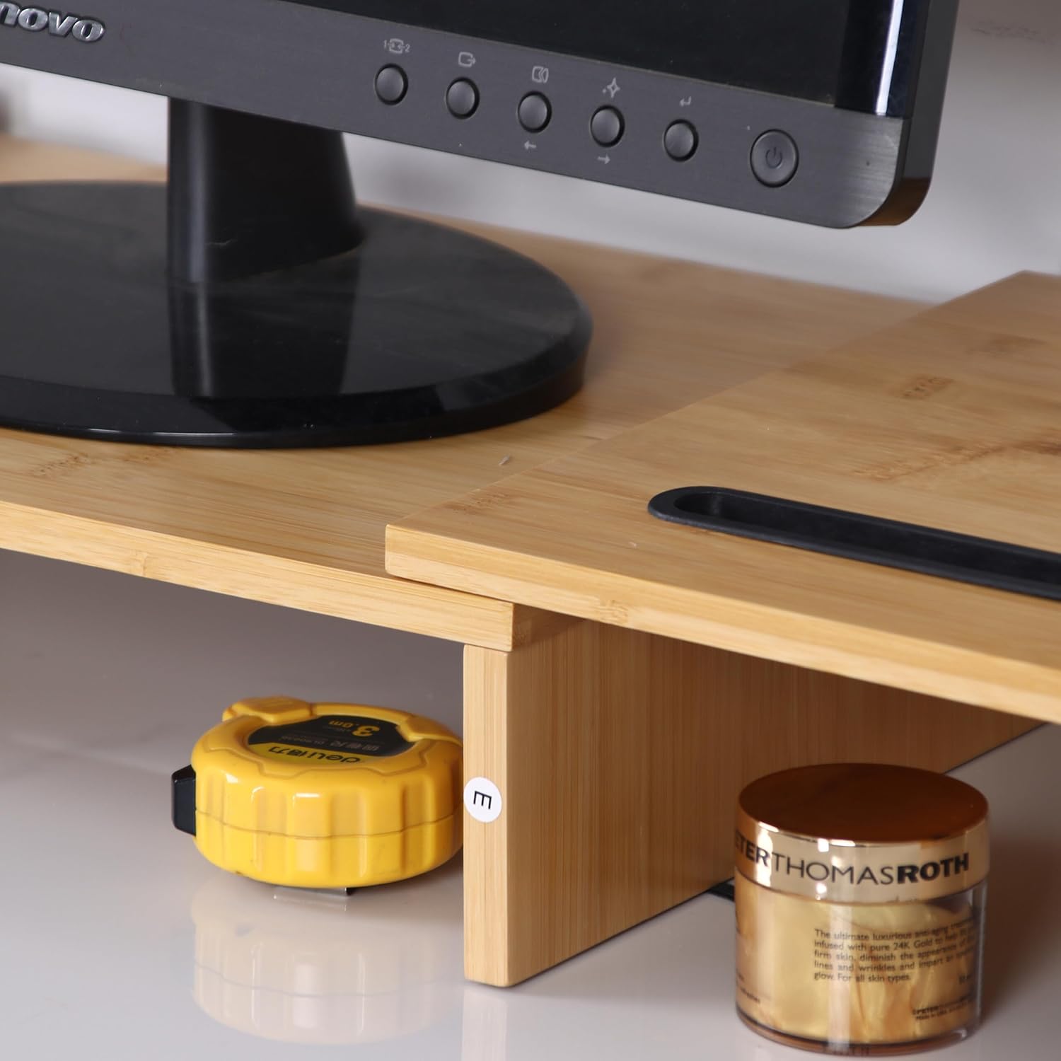 Relaxdays Monitor Stand, 2 Monitors, Extendable Segments, Width 74-105 cm, Ergonomic PC Shelf Made of Bamboo, Natural