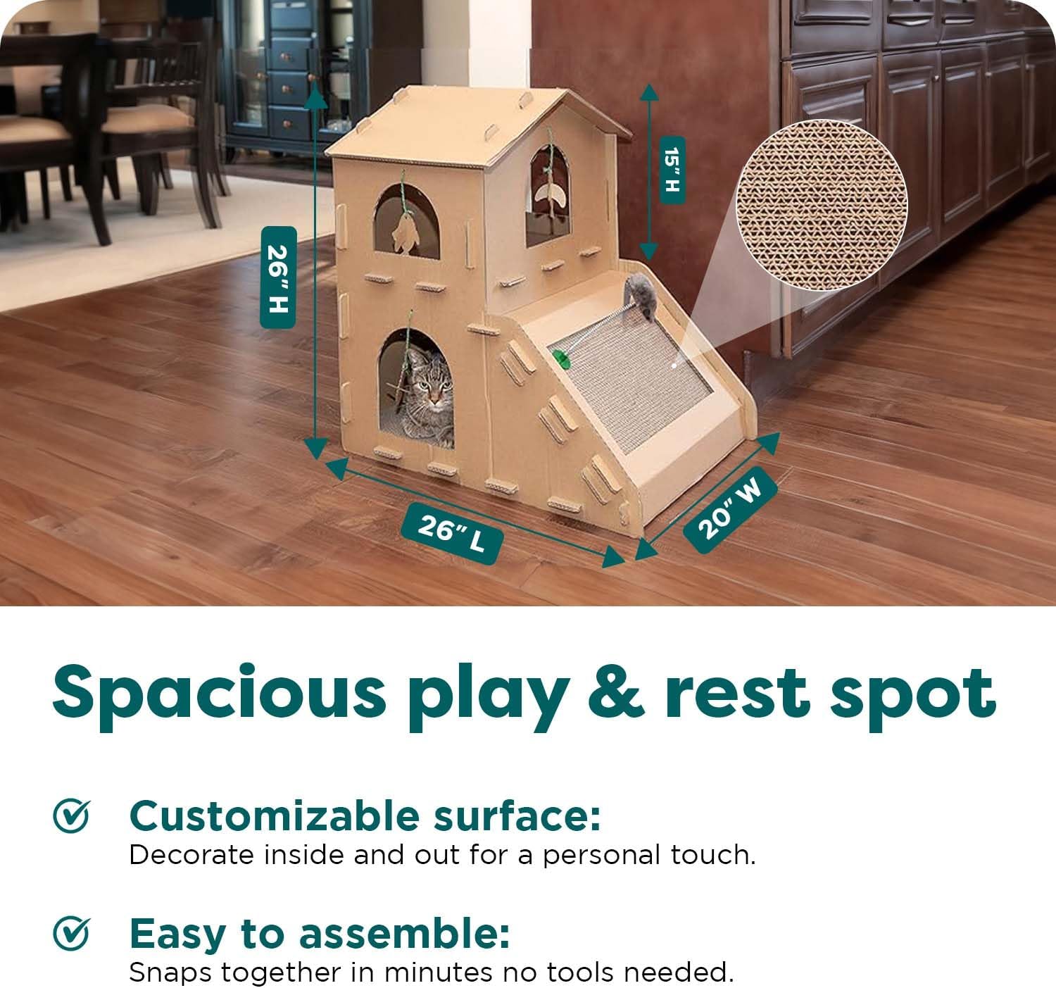 FurHaven Townhouse Multi-Level Cardboard Cat House for Indoor Cats with Catnip & Toys, Double-Walled Corrugated Scratcher Designed for Lounging, Play & Comfort, One Size, Cardboard, Brown