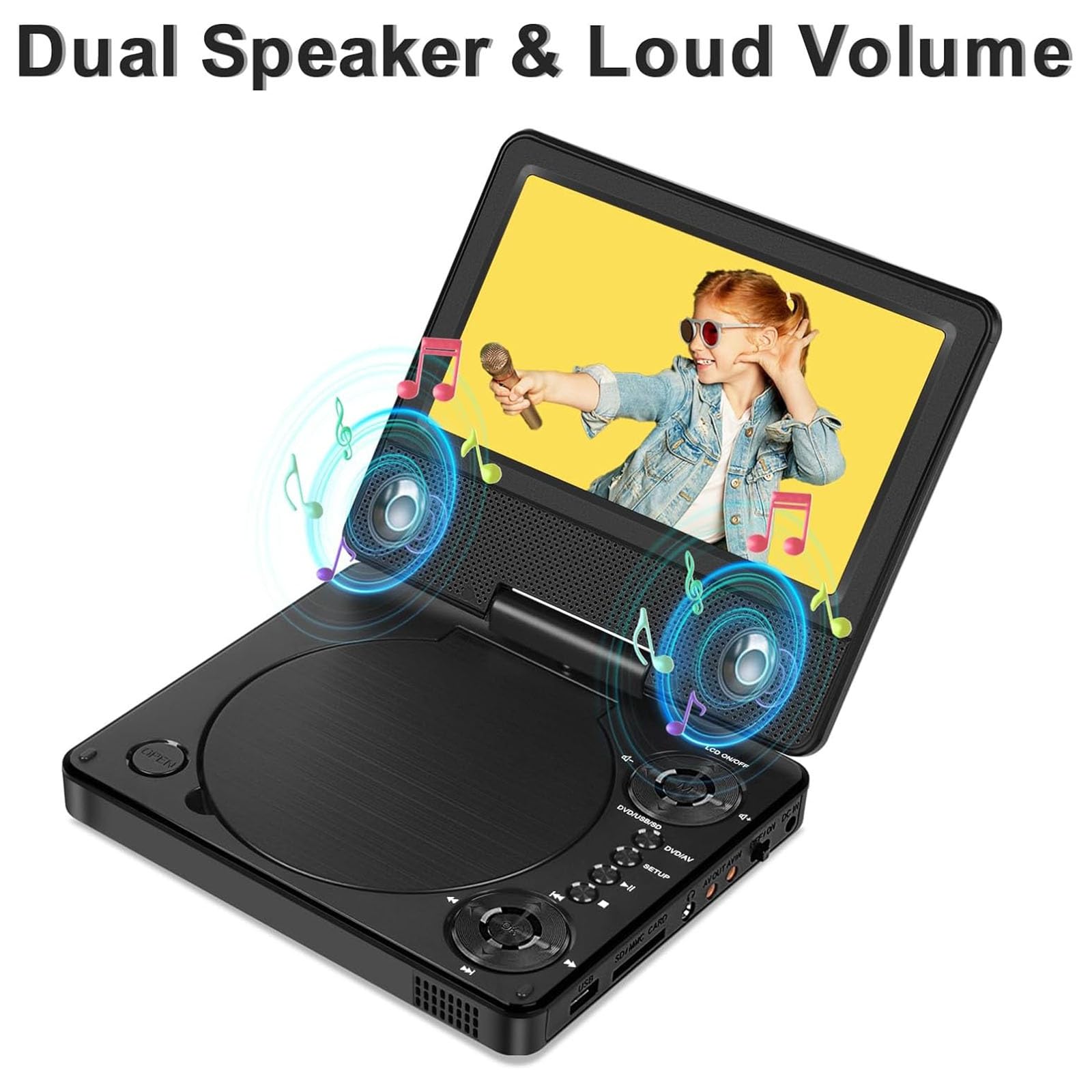 Reproductor de DVD portátil All-Region para coche y niños con pantalla giratoria HD 7.5 - Soporta multiregión, auriculares, tarjeta SD, USB, entrada AV, salida AV