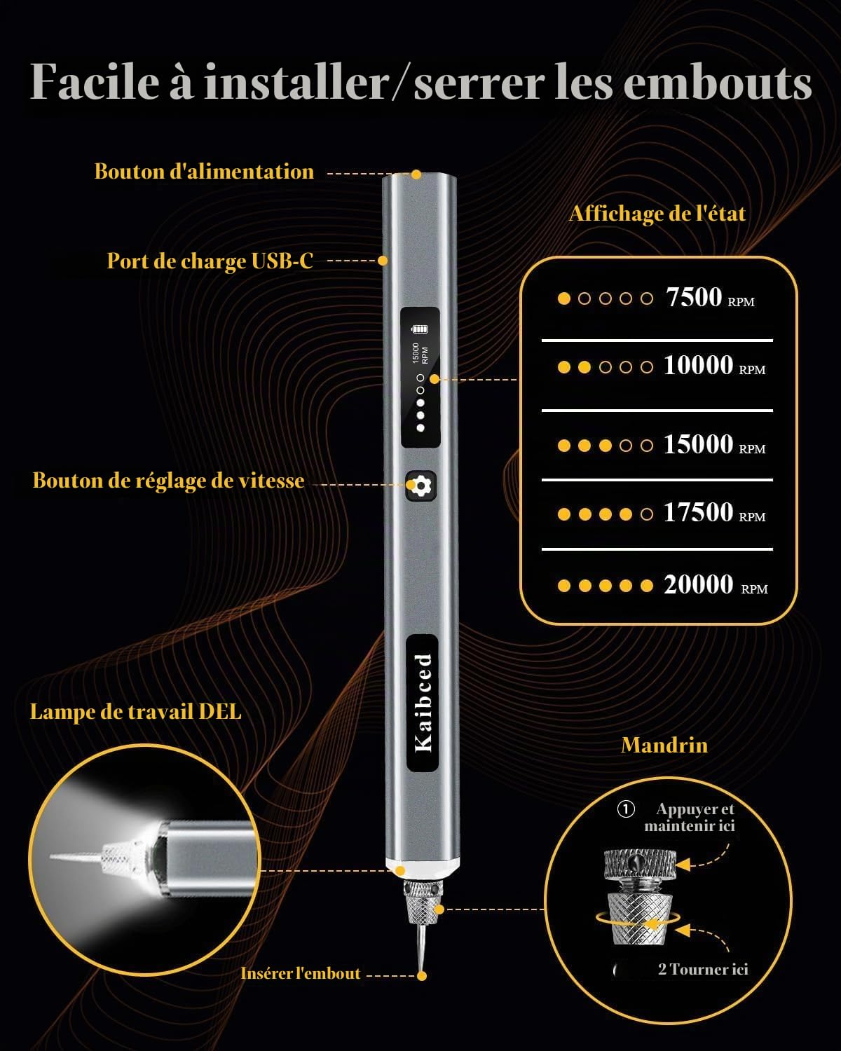Stylo de gravure sans fil Kaibced avec 48 kits et écran LED, stylo sans fil 5 vitesses pour métal, bois, verre, plastique et tous les matériaux, cadeau d'artisanat rechargeable USB pour les débutants