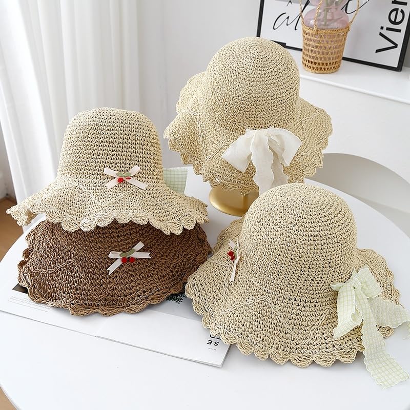 Gorra de Sol para Mujer,Gorra de Paja de Verano con Lazo A Cuadros,Ajustable,Plegable,de ala Ancha,Sombrero de Playa de Paja Flexible para Caminar,Pescar y Viajar