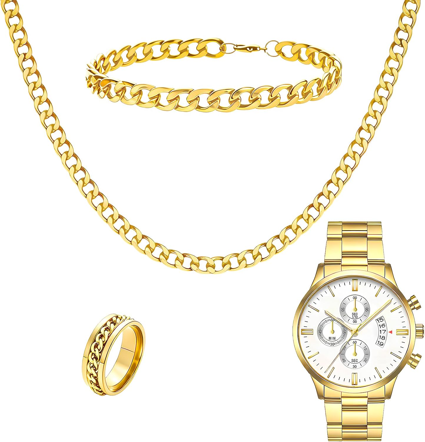 NEWITIN 4 Pieces Black Jewelry Set for Men Stainless Steel Watch Necklace Bracelet Ring Fashion Black Wristwatch Cuban Link Chain Cuban Jewelry Set for Men