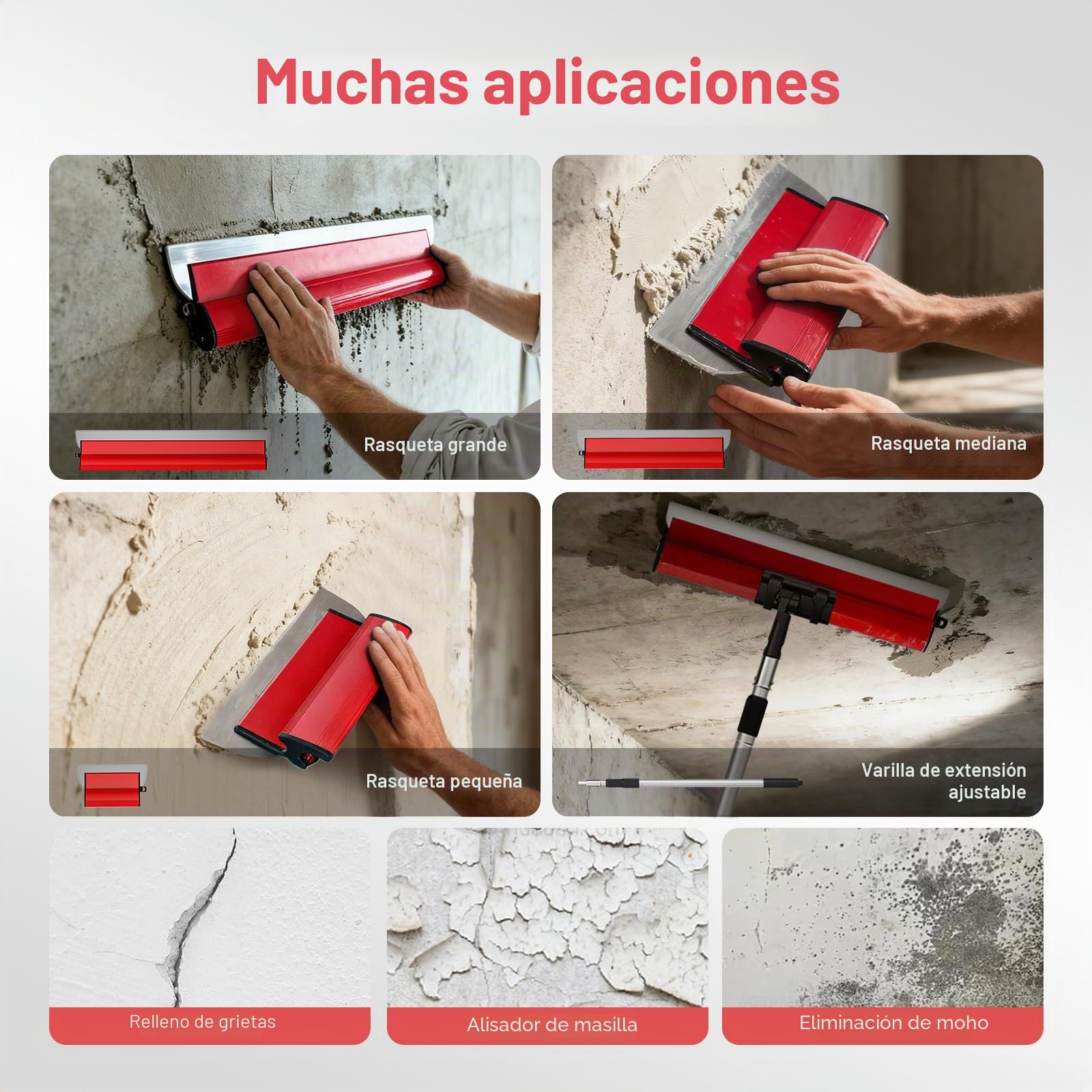 Juego de 3 espátulas para juntas con mango telescópico, espátula ancha de acero inoxidable para superficies lisas en paredes, techos, esquinas – ajustable, fácil de cambiar y almacenar