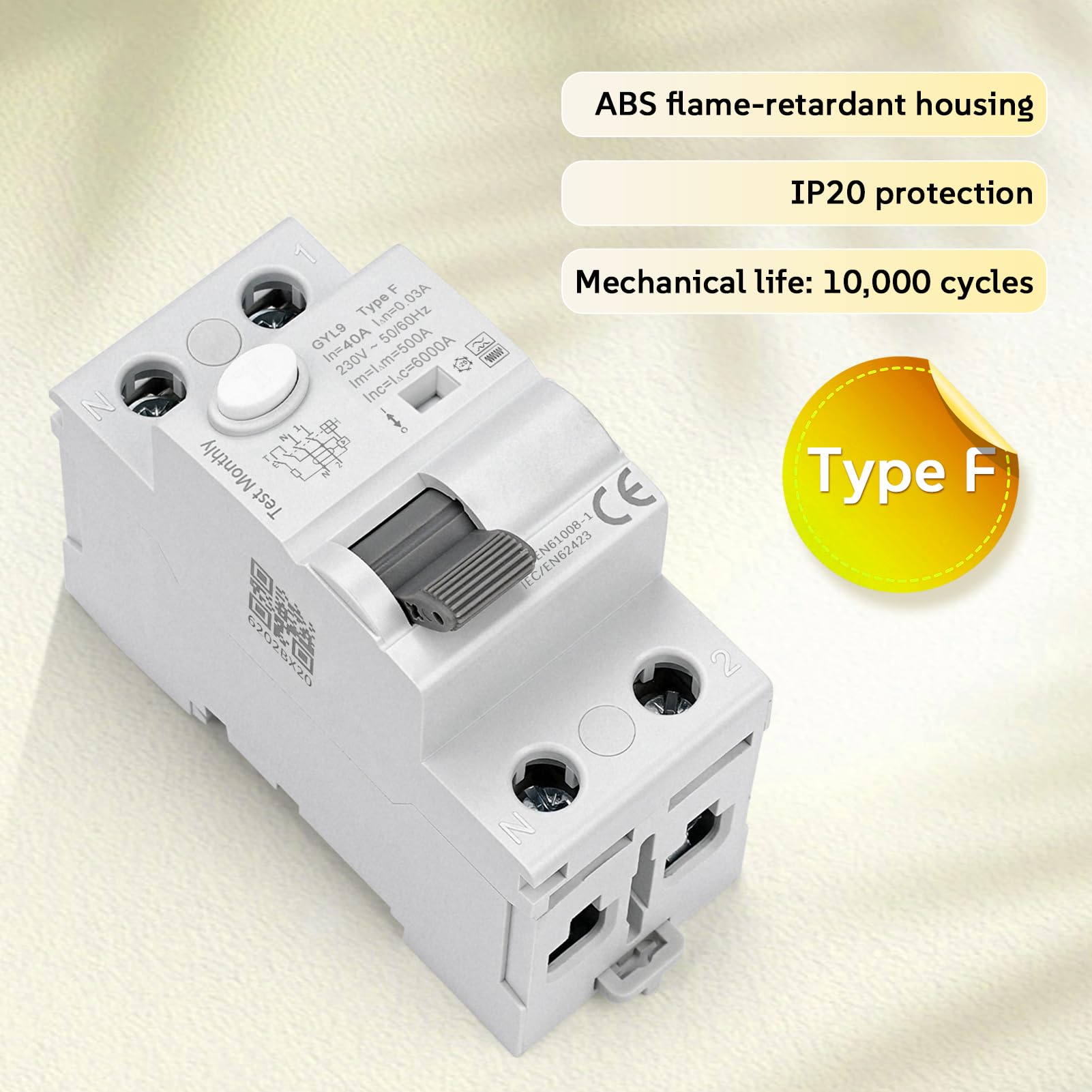 Disjoncteur différentiel 30mA 40A Type F 2 pôles interrupteur différentiel 40A 30mA 6kA 2P AC230V RCCB disjoncteurs électriques adapté aux équipements monophasés à charge variable GYL9