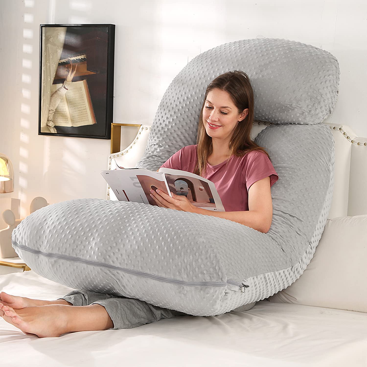 Elover Coussin de grossesse en forme de U pour femme enceinte avec housse en velours remplaçable et lavable, taille 152,4 cm (gris clair, velours)
