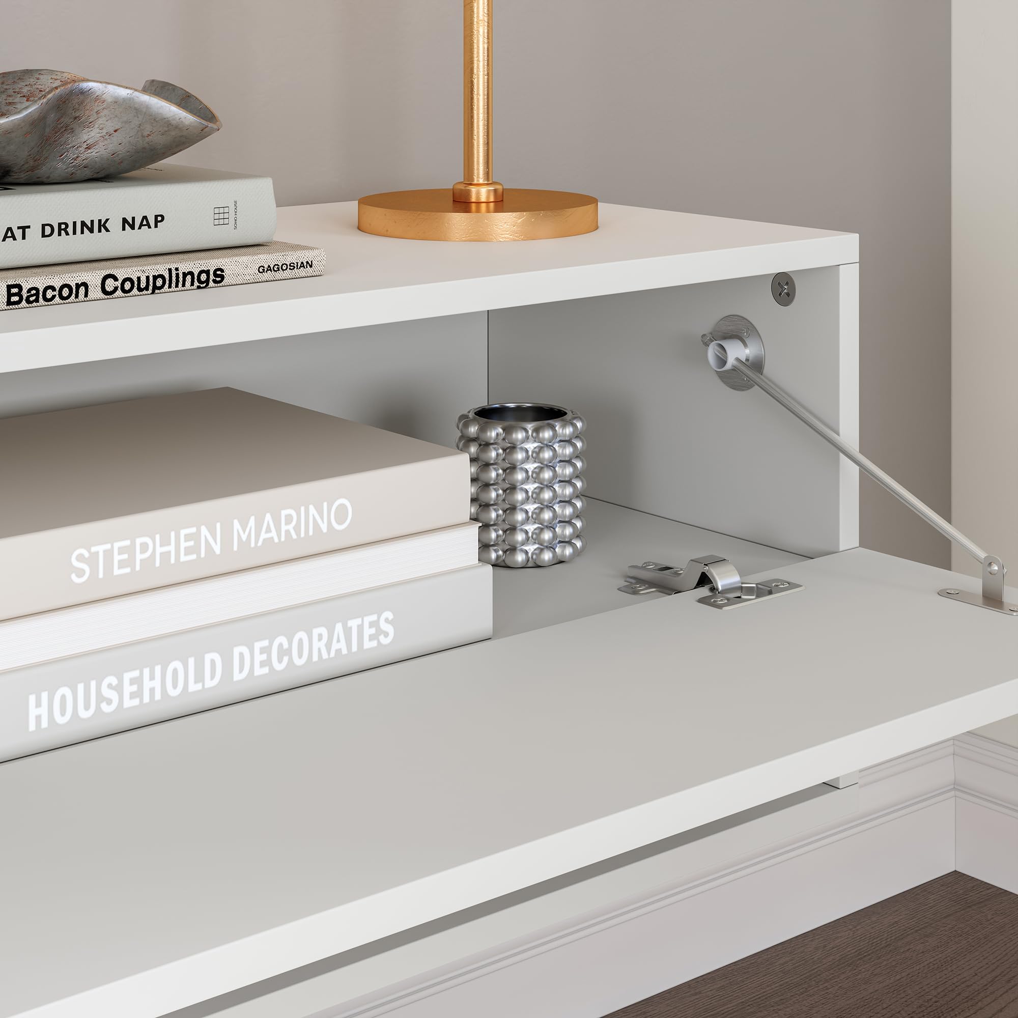 [en.casa] Mobile Porta TV da Parete a 2 Ante Bianco 140x31x30 cm | 2 Ante a Ribalta, Scomparti Chiusi Aperti, Mobile Contenitore Sospeso, Stand Multimediale Soggiorno Living