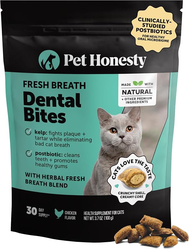 Mordeduras dentales para gatos Fresh Breath – Golosinas dentales crujientes y cremosas para gatos para un aliento fresco, control de sarro y placa – Mordeduras de cuidado bucal para gatos de textura dual para dientes brillantes y encías saludables – Suministro para 30 días
