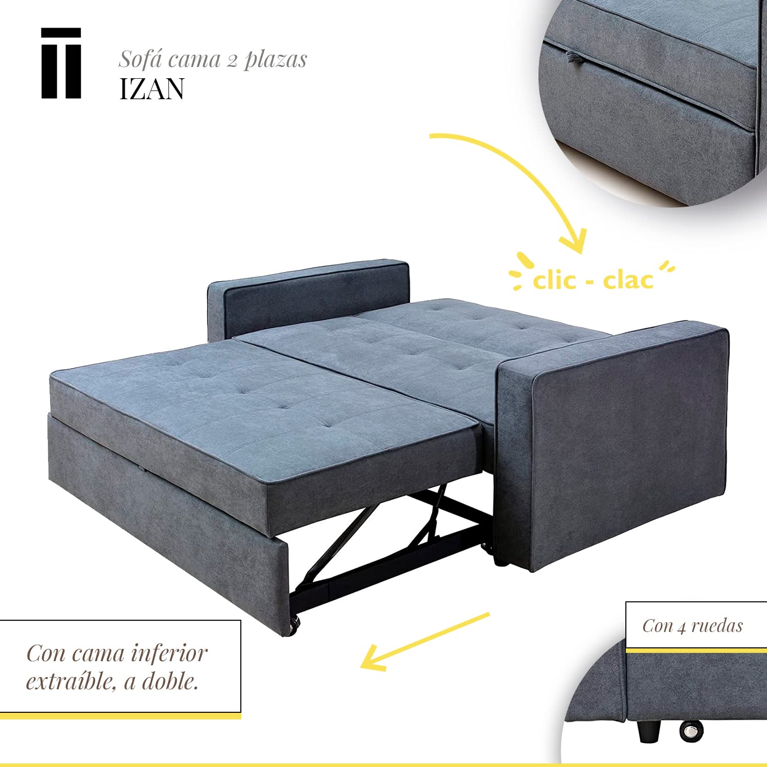 SHIITO | Modelo Izan - Sofá Cama | Apertura Clic-Clac | Cama Superior y Cama Inferior extraíble | Máximo Relax y Confort