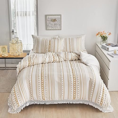 sonicpony Juego de funda de edredón bohemio tamaño Queen de 3 piezas, juego de ropa de cama bordada con borlas, funda de edredón y fundas de