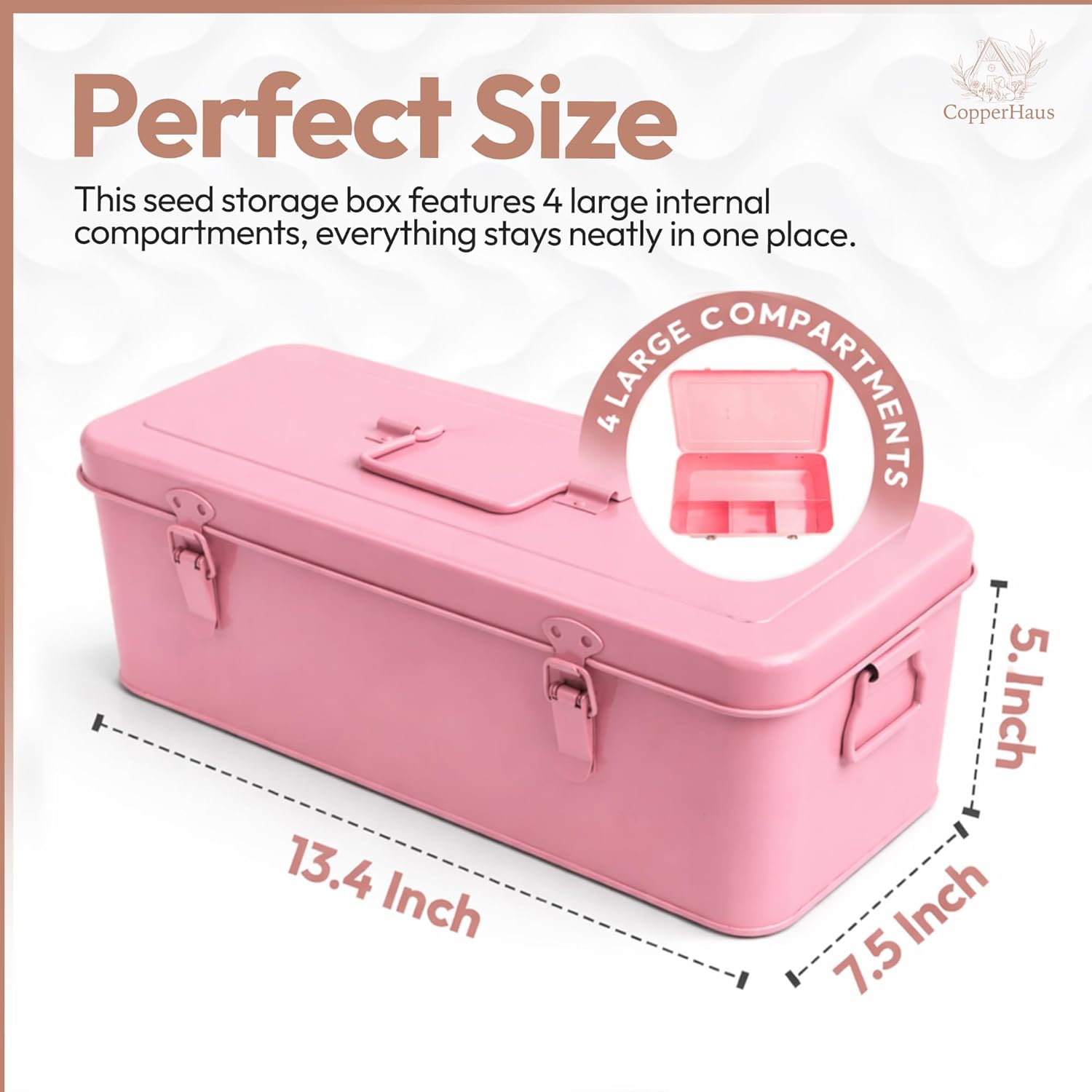 Seed Storage Organizer –Waterproof Metal Seed Box with Storage Bags, Dividers, 4 Compartments with Lid and Safety Locks , Portable Side Handles, Perfect for Garden Seeds, Lables & Tools -Matte Pink
