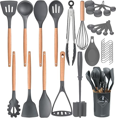 Miniatura 1 de Juego de utensilios de cocina, 33 piezas de utensilios de cocina de silicona antiadherente con soporte, resistente al calor de 446 F, accesorios de