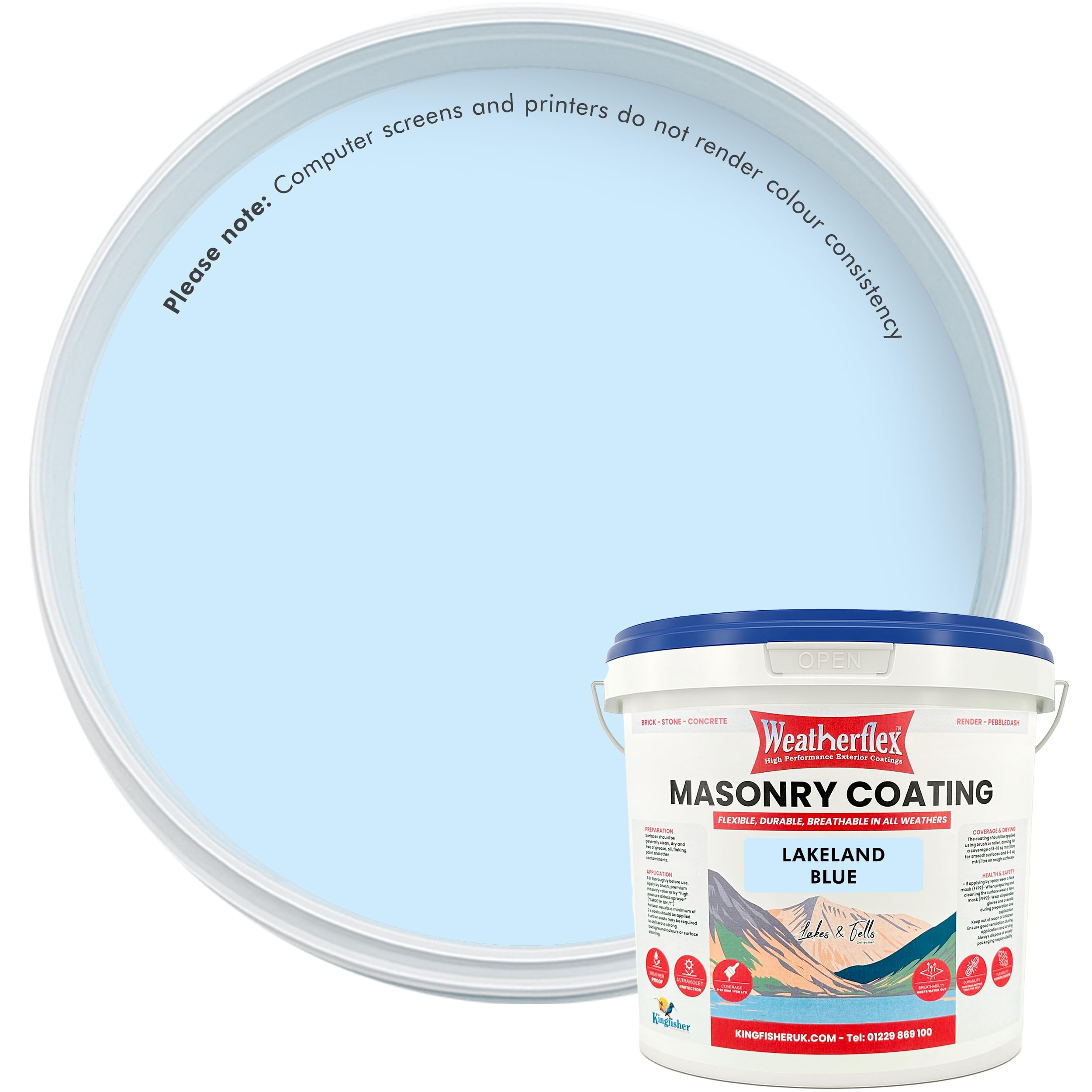 Kingfisher Weatherflex Masonry Paint 10L | Waterproof & Non-Toxic Outdoor Paint for Brick, Stone, Concrete and More | Ultra-Flexible, Crack Resistant & Breathable for Extreme Weather | Lakeland Blue