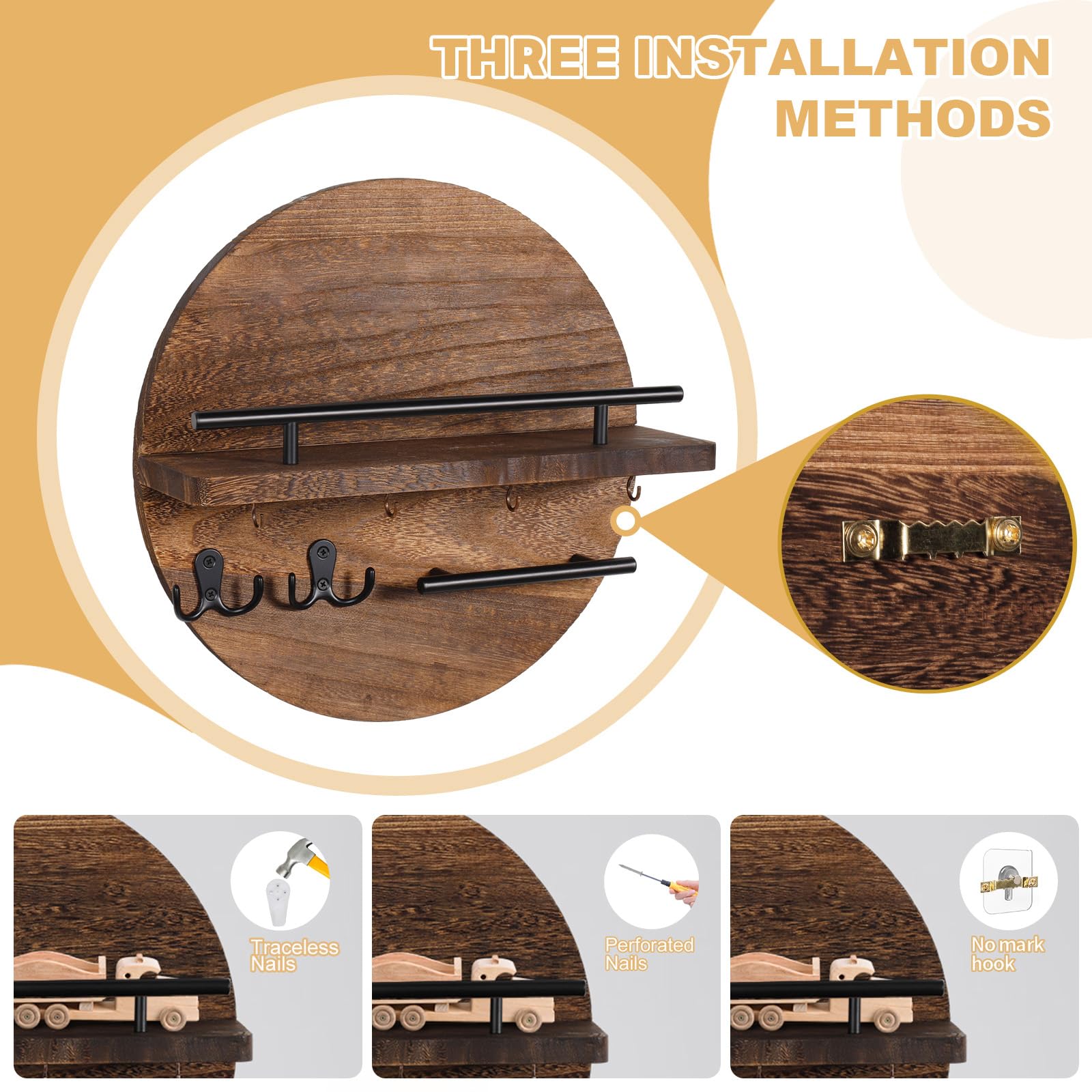 Portachiavi Muro,Legno Porta Chiavi Da Muro Per Casa,Portachiavi Da Parete Stile Rustico,Orbicolare Portachiavi Casaadatto Per Camere Da Letto, Corridoi, Cucine E Uffici (marrone)