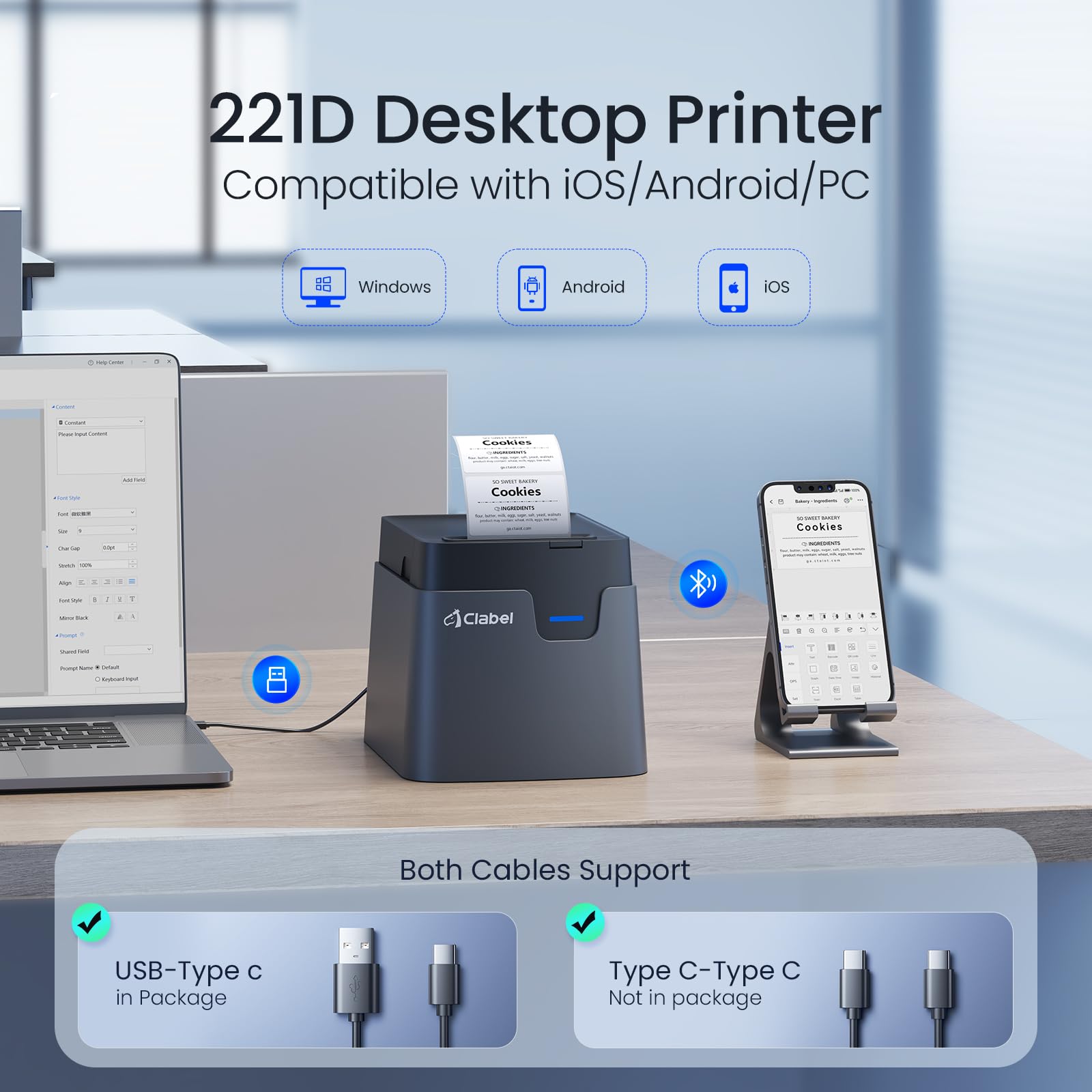 CLABEL 221D Bluetooth Etikettendrucker für Desktop Thermo Etikettiergerät Selbstklebend, Labeldrucker Kompatibel mit PC & Smartphone für Barcode Handel Preis Büro, mit 1 Rolle 50x30mm Etiketten