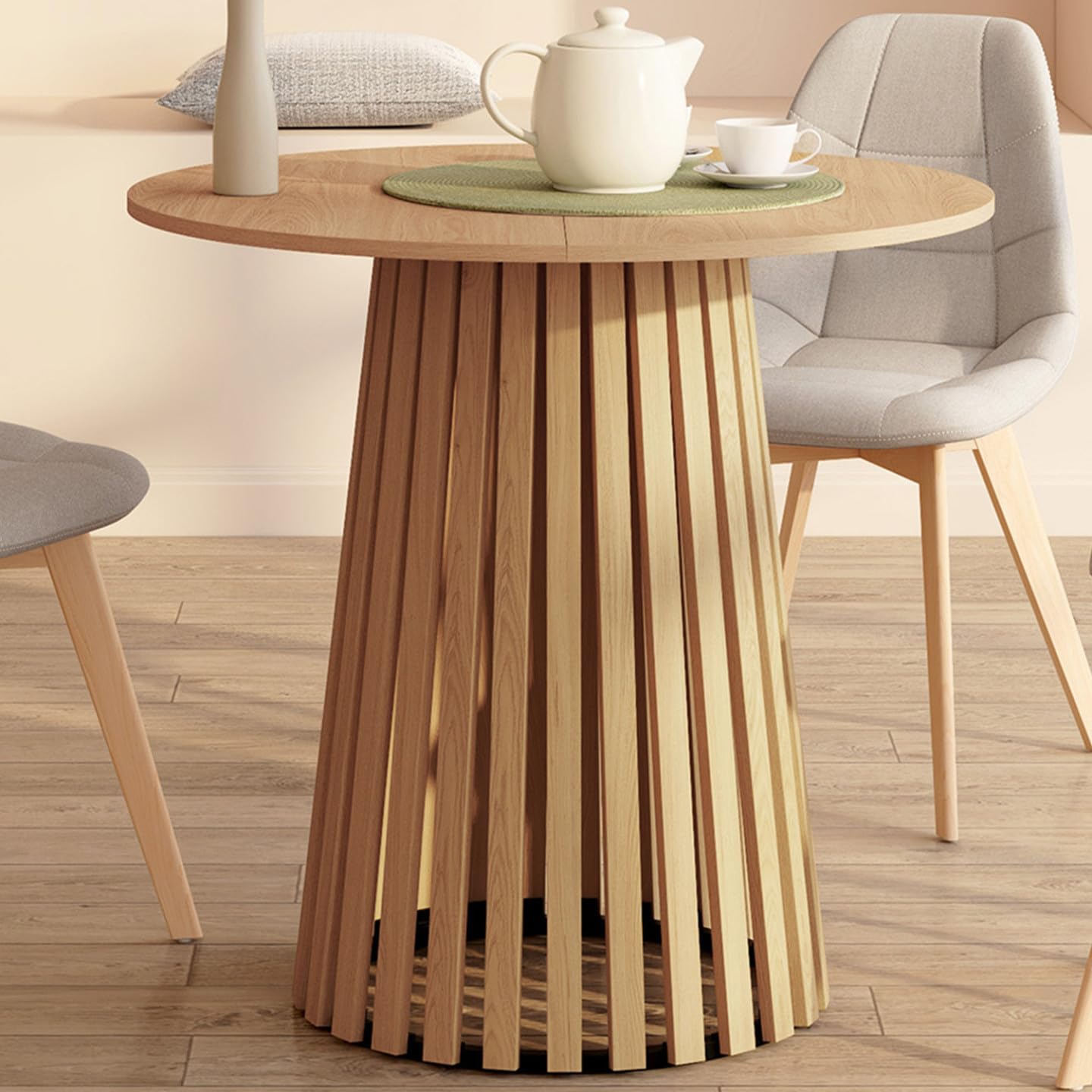 IDMarket - Tavolo da pranzo rotondo per 6 persone CARMEN con gambe a doghe in legno e piano in legno da 80 cm