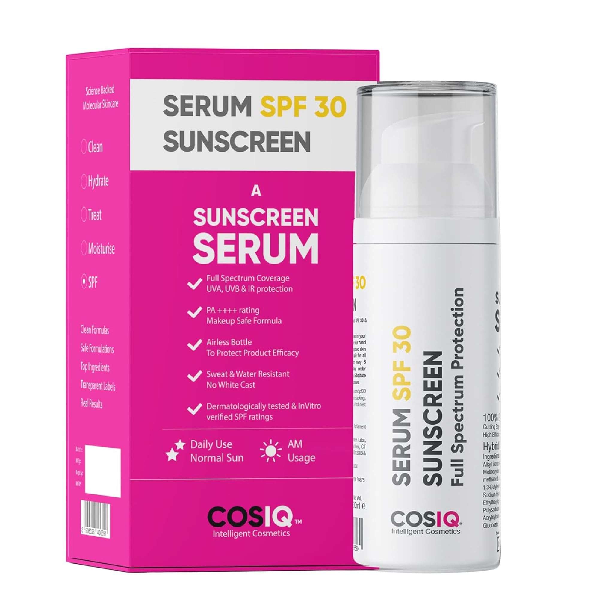 Cos-IQ Sunscreen SPF 30 PA++++ | Clinically Tested Lightweight | No White Cast | Broad Spectrum Serum-Based Sunscreen, UVA, UVB and IR Protection | For Women & Men | 30ml