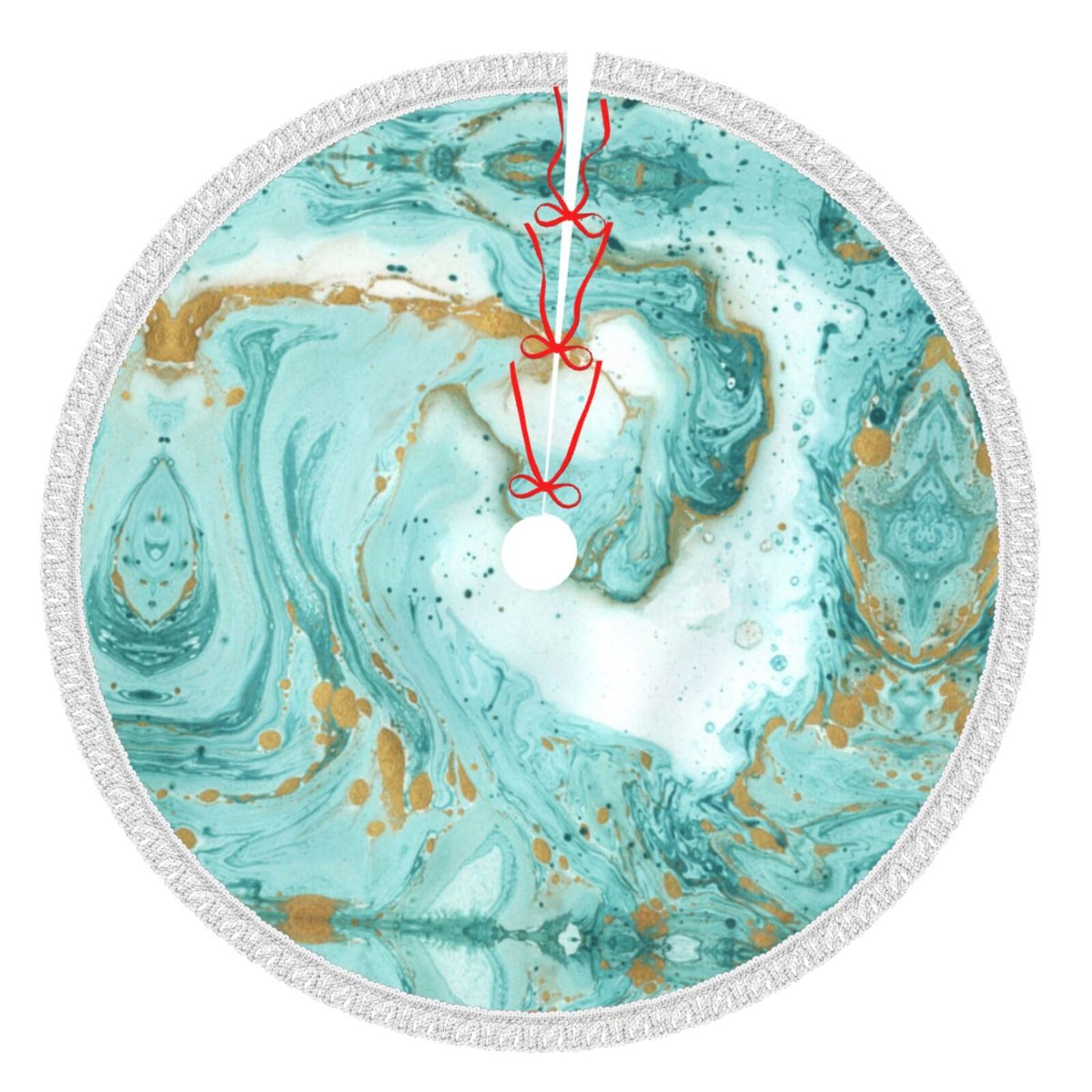 Turquoise Gold Marble Printed With Tassel Edge Tree Skirt, Vibrant Holiday Decoration