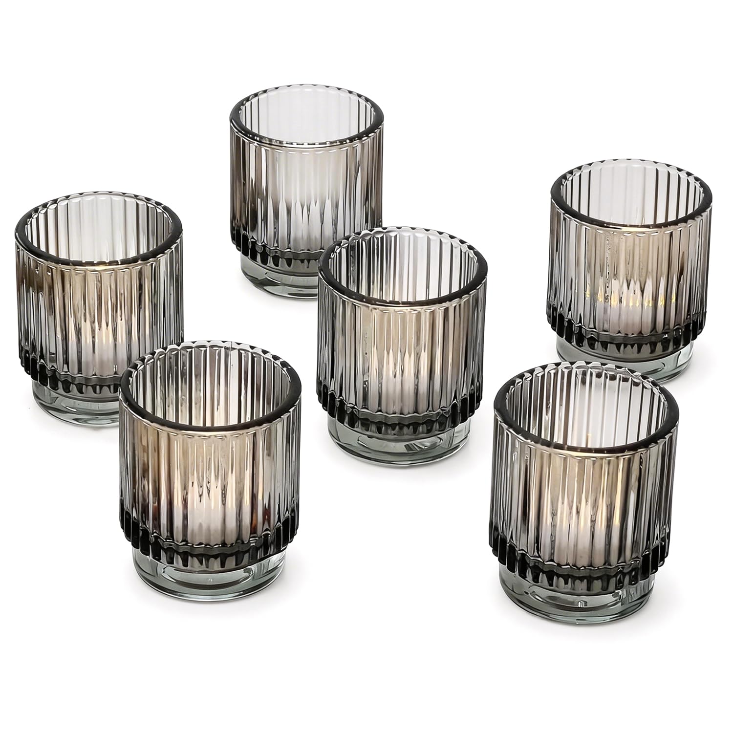 Smoke Gray Vintage Ribbed Glass Tealight Votive Candle Holders by Kate Aspen (Set of 6), Fall Decor, Boho Decor, Shelf Decoration | Perfect Hostess Gift or Home Decor
