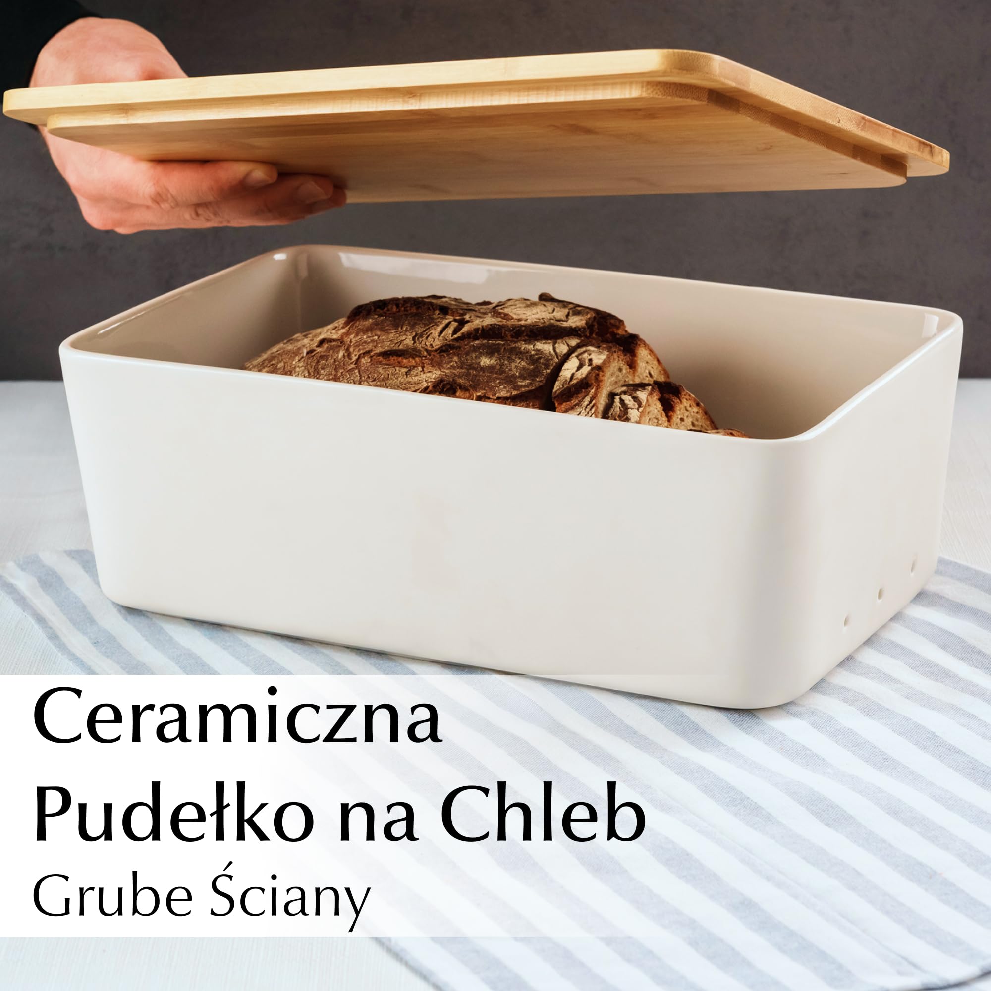 MIAMIO – Pojemnik na Chleb do Blatu Kuchennego/Ceramika Pojemnik na Chleb z Deską do Krojenia, z Bambusową Pokrywką, 32 x 20 x 11,5 cm (Biały)