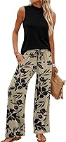 WIHOLL Women's 2 Piece Mock Neck Tank & Wide Leg Printed Pants Set - Summer Beach Vacation Travel Outfits