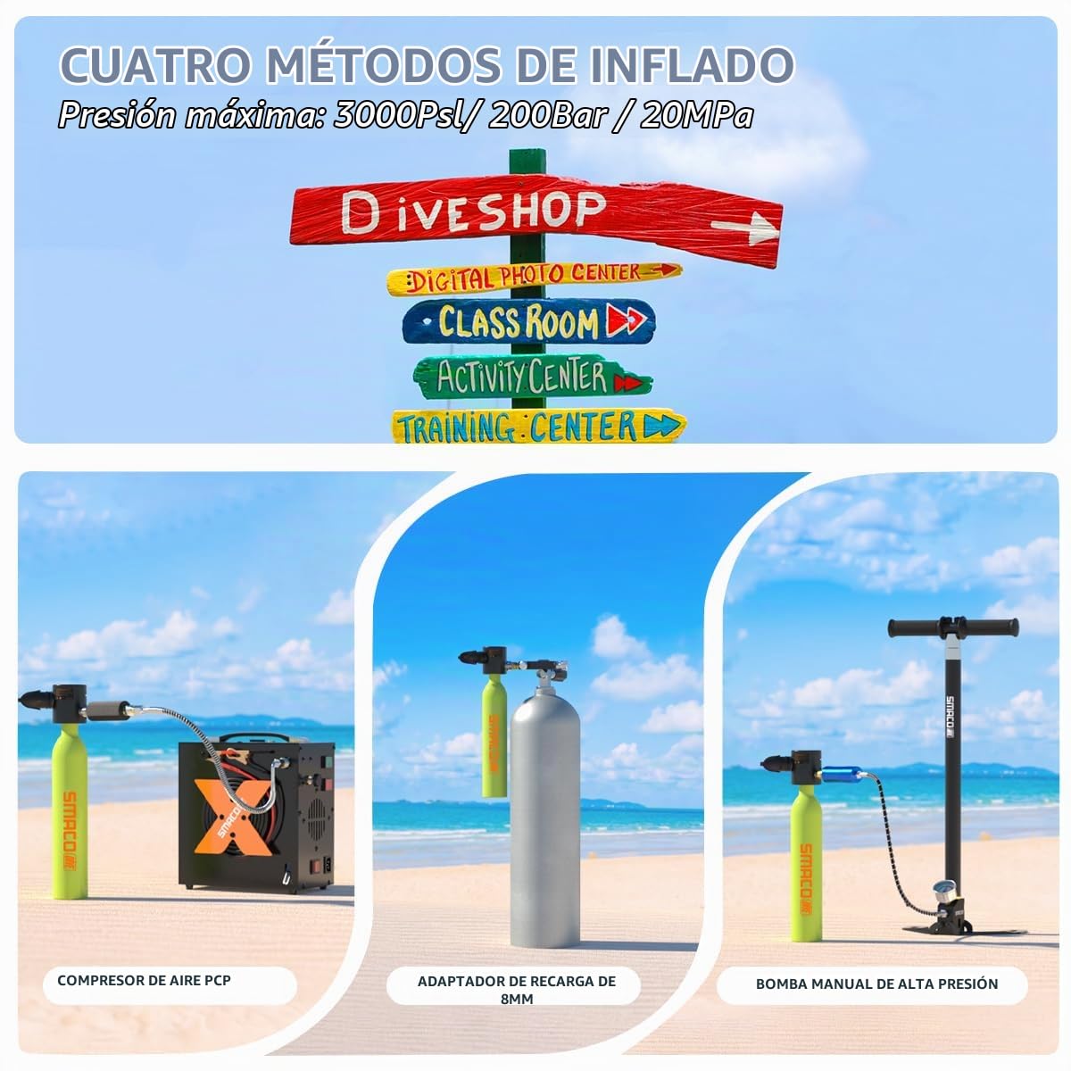 SMACO Mini tanque de buceo de 0,5 L, portátil, reutilizable, cilindro de buceo de emergencia para esnórquel, buceo libre, limpieza de barcos y respaldo de aire, diseño ligero y compacto, botella Pony