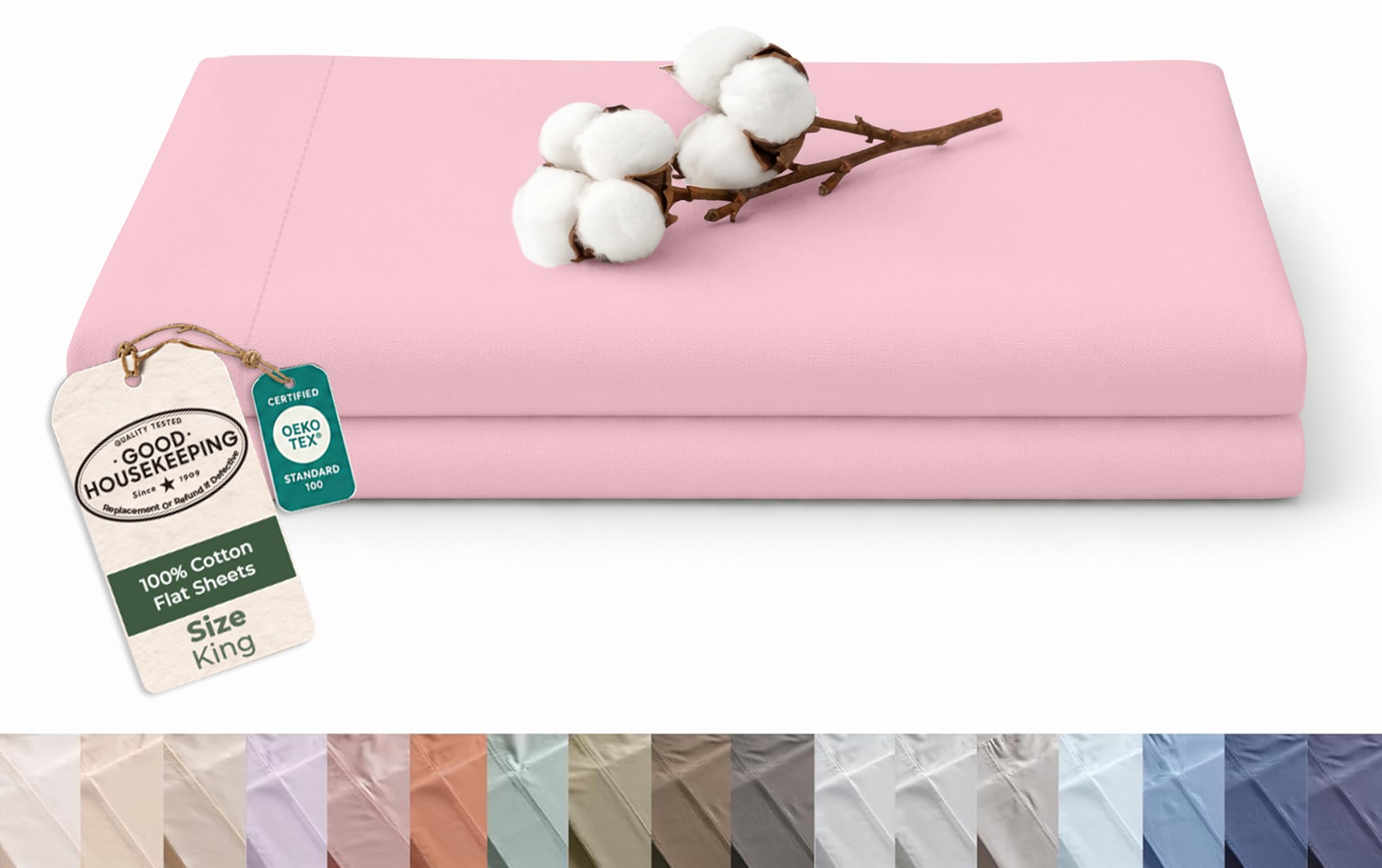 Royale Linens 100% Organic Cotton King Size Flat Sheet Only - Percale Top Sheets - King Flat Sheet Sold Separately - Lightweight &amp; Super Soft 100% Cotton Pink Bed Sheets Only (105" x 102", Pink)