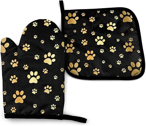 Juego de manoplas de horno y soportes para ollas de perro dorados, resistentes al calor, huellas doradas, guantes de cocina decorativos, guantes de