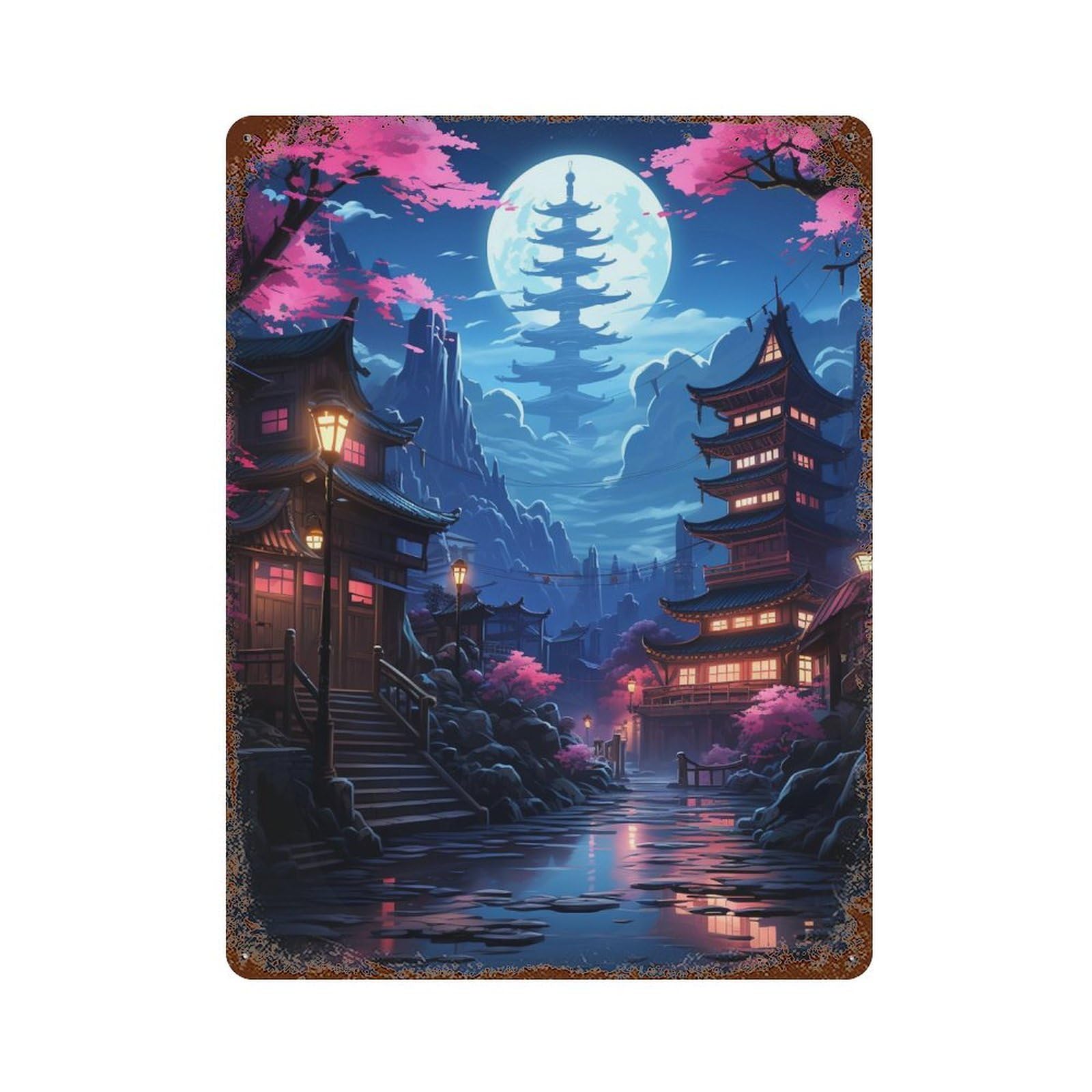 Cherry Blossom Night in Asia Rust Effect Tin Sign 15.7"x11.8", Industrial Home Decor for Garage, Pub Or Kitchen