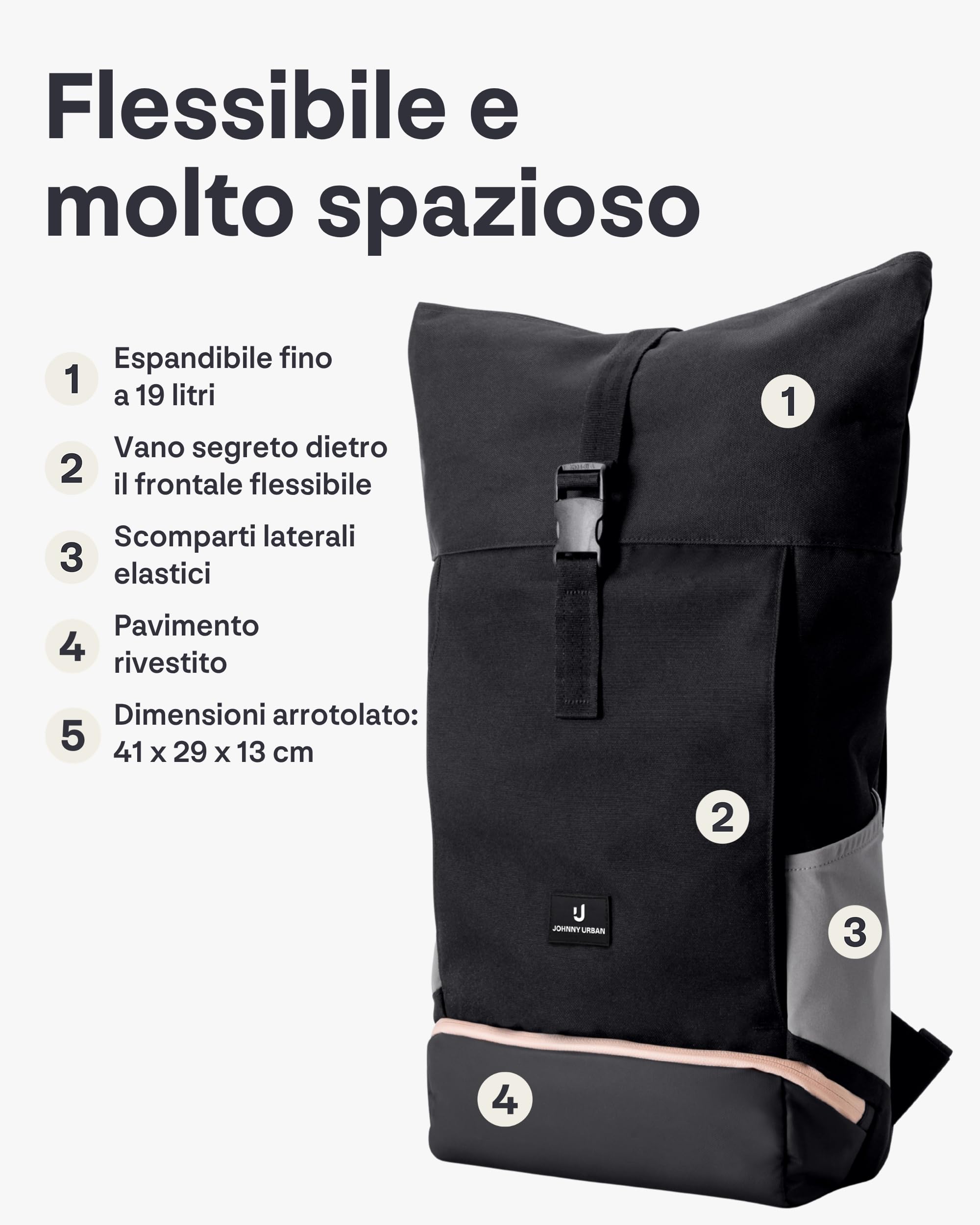 Johnny Urban Zaino Porta PC Donna e Uomo - Allen Medium - Rolltop per Lavoro Viaggio Università - Scomparto per Laptop 16 Pollici - 15-18L - Idrorepellente