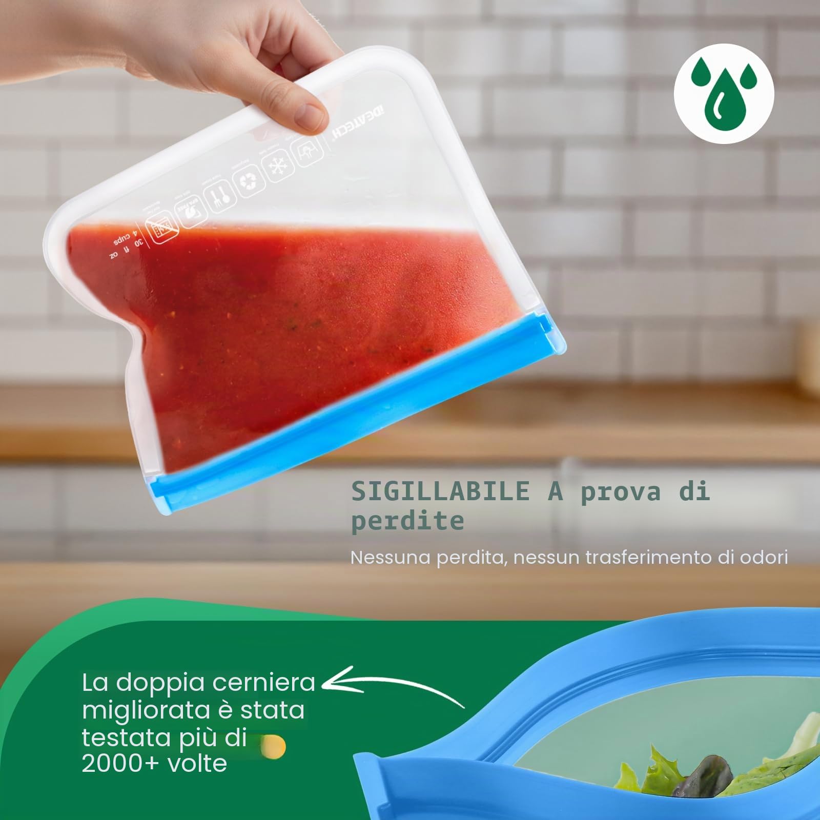 IDEATECH Sacchetti Silicone Freezer 20 Pack Riutilizzabili Buste Alimenti Richiudibili Congelatore Cibo Ermetici Zip BPA Free Gelo Verdura Carne Frutta