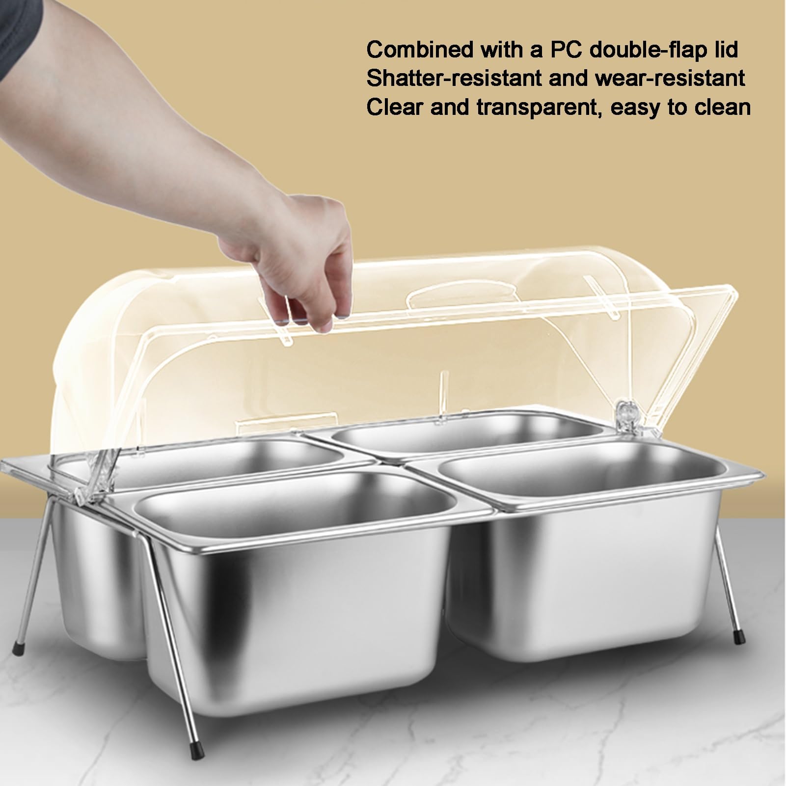 Bandeja expositora de alimentos de acero inoxidable con tapa enrollable transparente, dispensador de condimentos de buffet, bandeja para servir ensaladas (15 cm, 1 compartimento), perfecta para