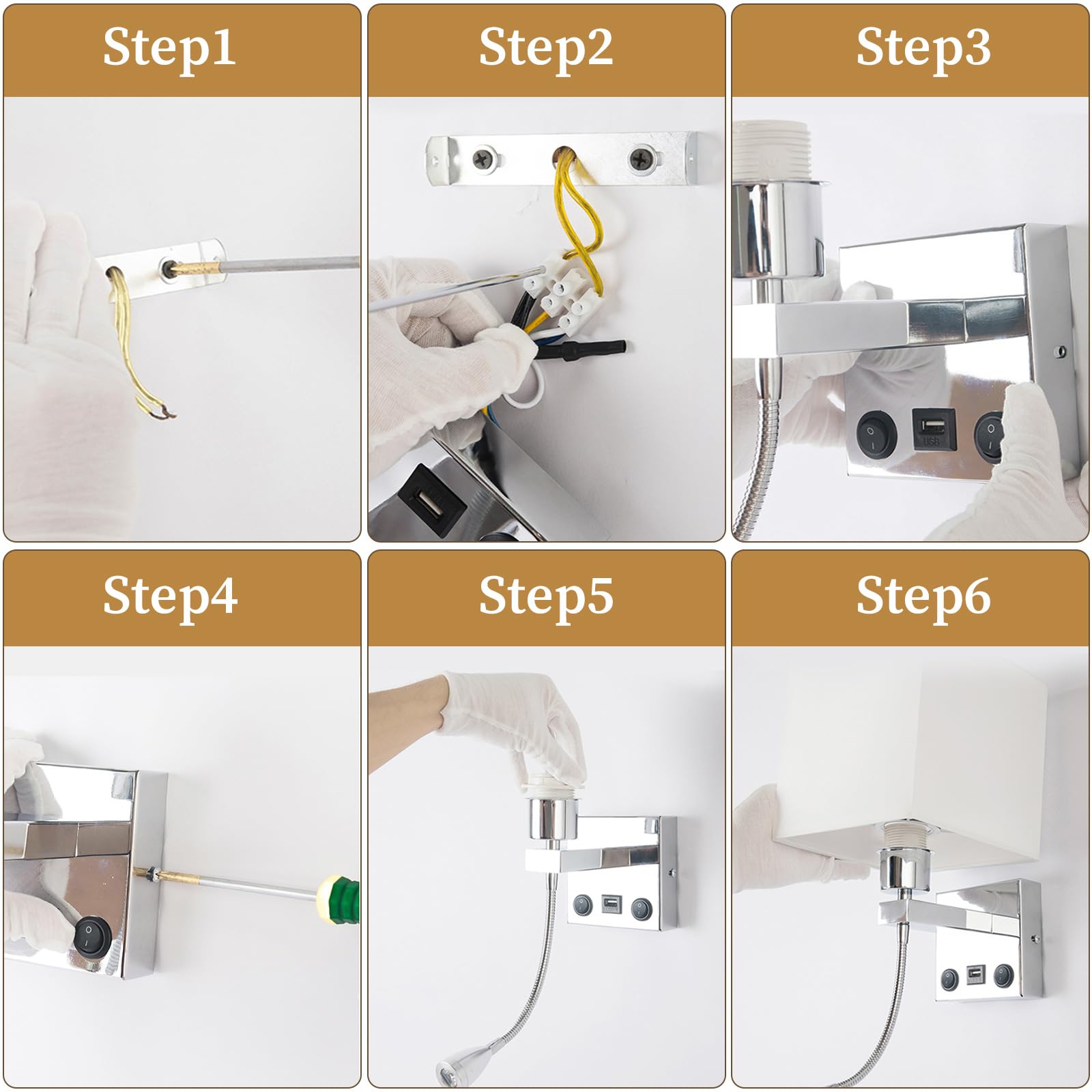 ALLOMN Applique da Comodino, Applique da Lettura a LED Applique Moderna Cromata Lucida con Faretto Orientabile a Collo di Cigno, Doppi Interruttori, Con porta USB da Caricare E27 (Con USB, 1 PCS)