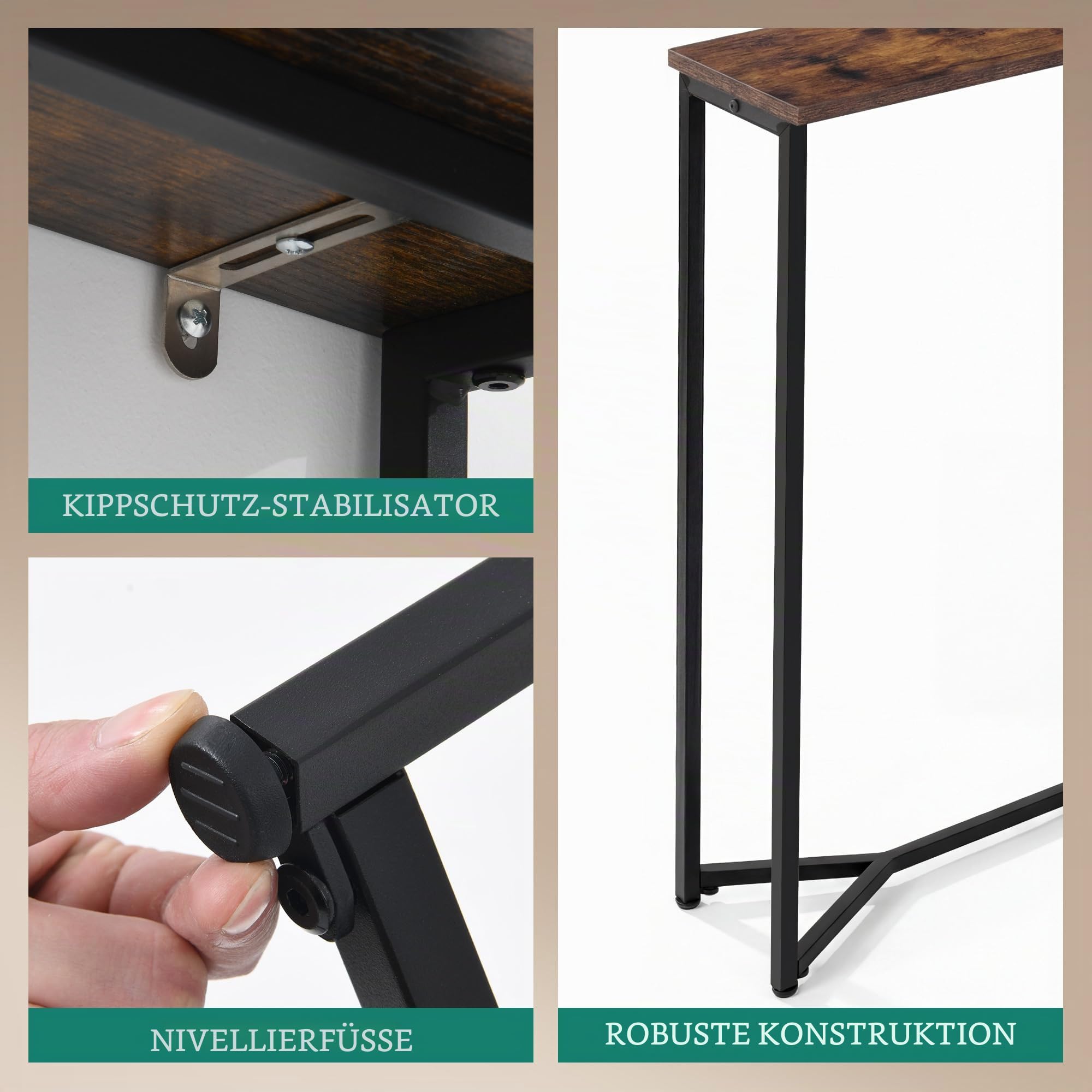 YITAHOME Konsolentisch mit Steckdosenleiste, L-förmiger Konsolentisch Shmal mit Ladestation, 2 Steckdosen und 2 USB-Anschlüsse, Sofatisch, für Eingangsbereich, Flur, 3 Kombinationsmodi, Schwarz