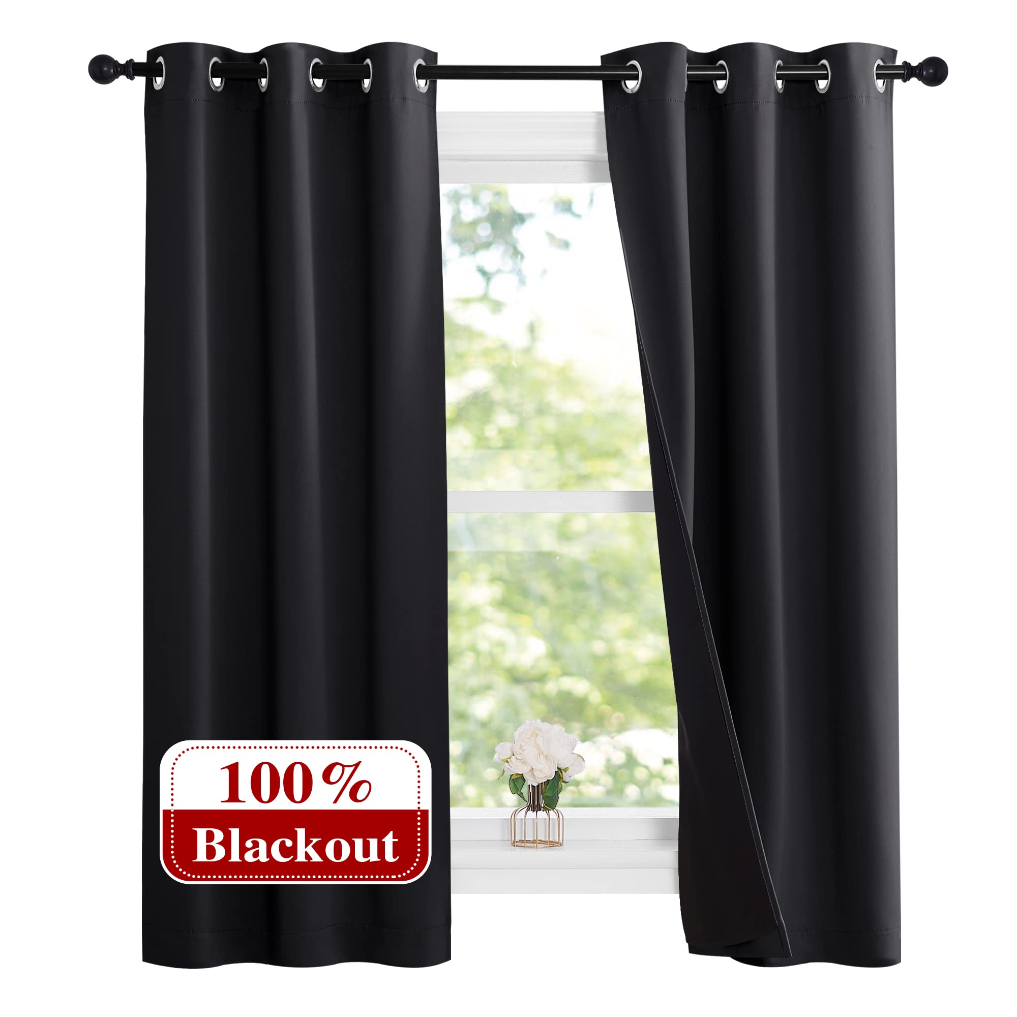 NICETOWN Complete 100% Blackout Curtain Set, Black, 37" W by 60" L, Double Panels, Thermal Insulated & Energy Efficiency Window Draperies with Black Liner, Noise Reducing Short Curtains for Kids Room