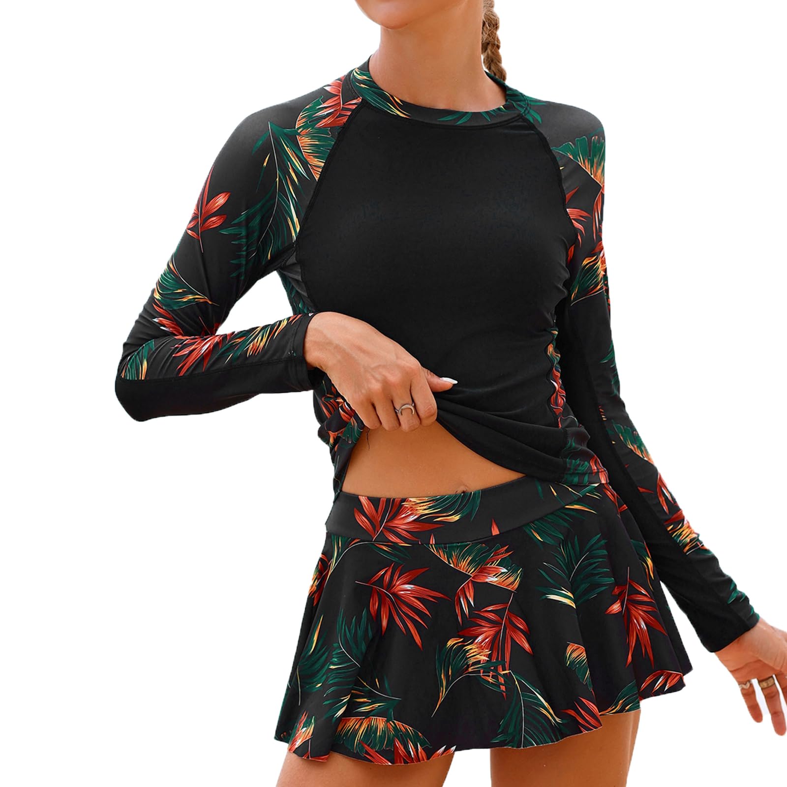 SHEKINI Damski dwuczęściowy zestaw Rash Guard z długim rękawem UPF 50+, wyszczuplający brzuch, sukienka kąpielowa z szortami typu tankini rashguard, moda kąpielowa dla kobiet
