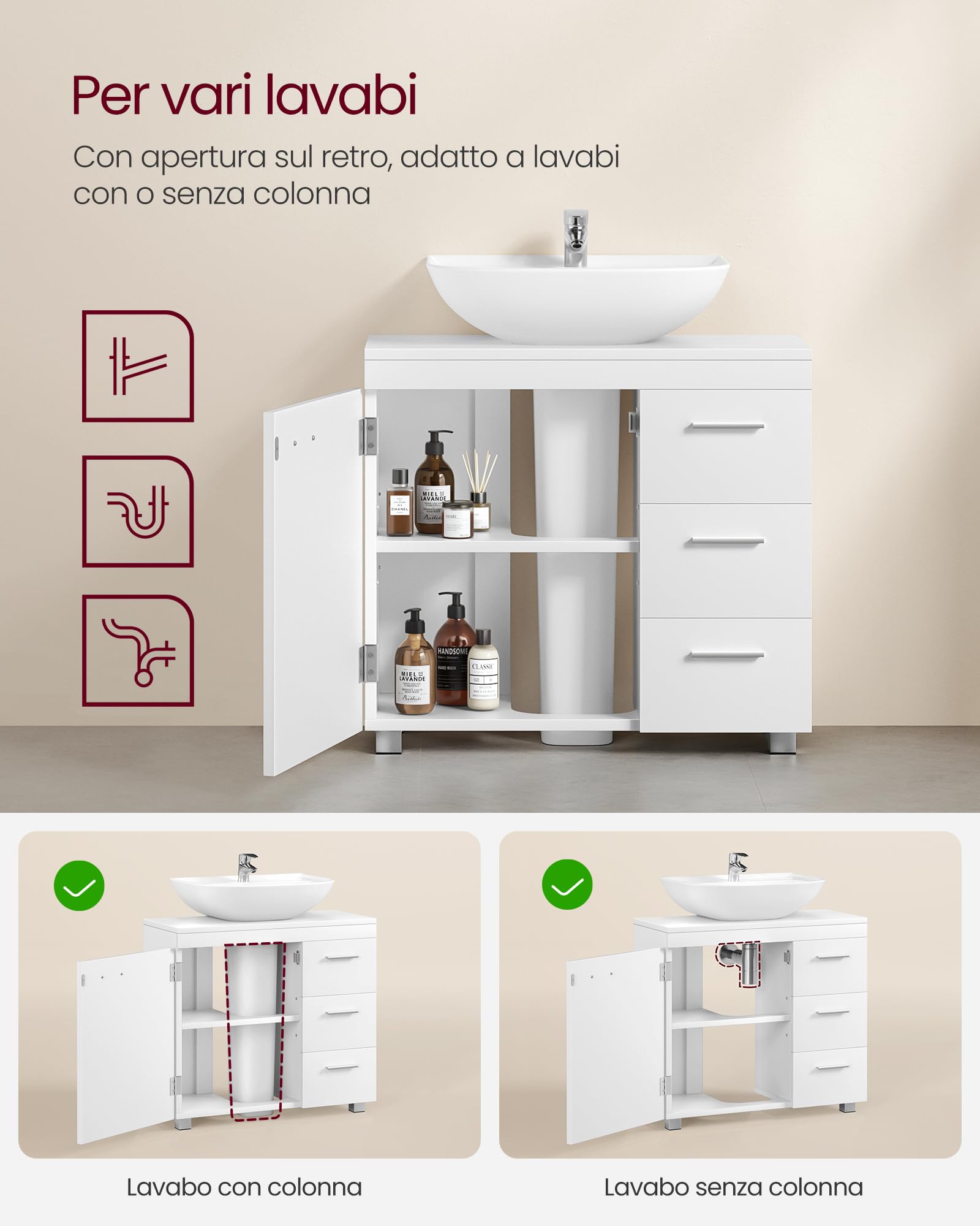 VASAGLE Mobile Sottolavabo per Bagno, Mobiletto da Bagno, 3 Cassetti Laterali, 2 Scomparti dietro l'Anta, per Lavabi con Colonna, con Piedini, 30 x 70 x 64 cm, Bianco Nuvola BBK504W01