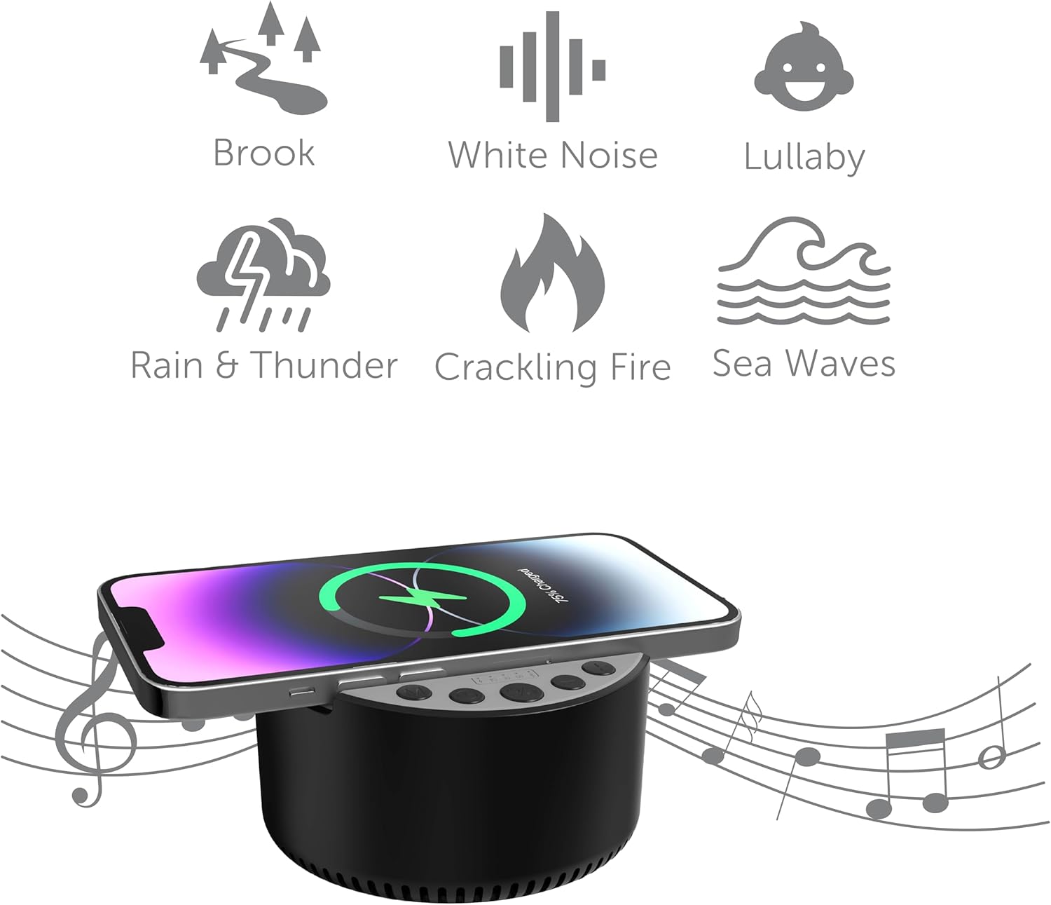 Icons representing Brook, White Noise, Lullaby, Rain & Thunder, Crackling Fire, Sea Waves