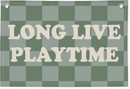 Long Live Playtime Banner, Boy Nursery Decor, Sage Green Blue Canvas Banner Wall Hanging Banner Flag Decor for Nursery Playroom Toddler Room, Boys Kids Room Decor, 26x19 Inch, Beige