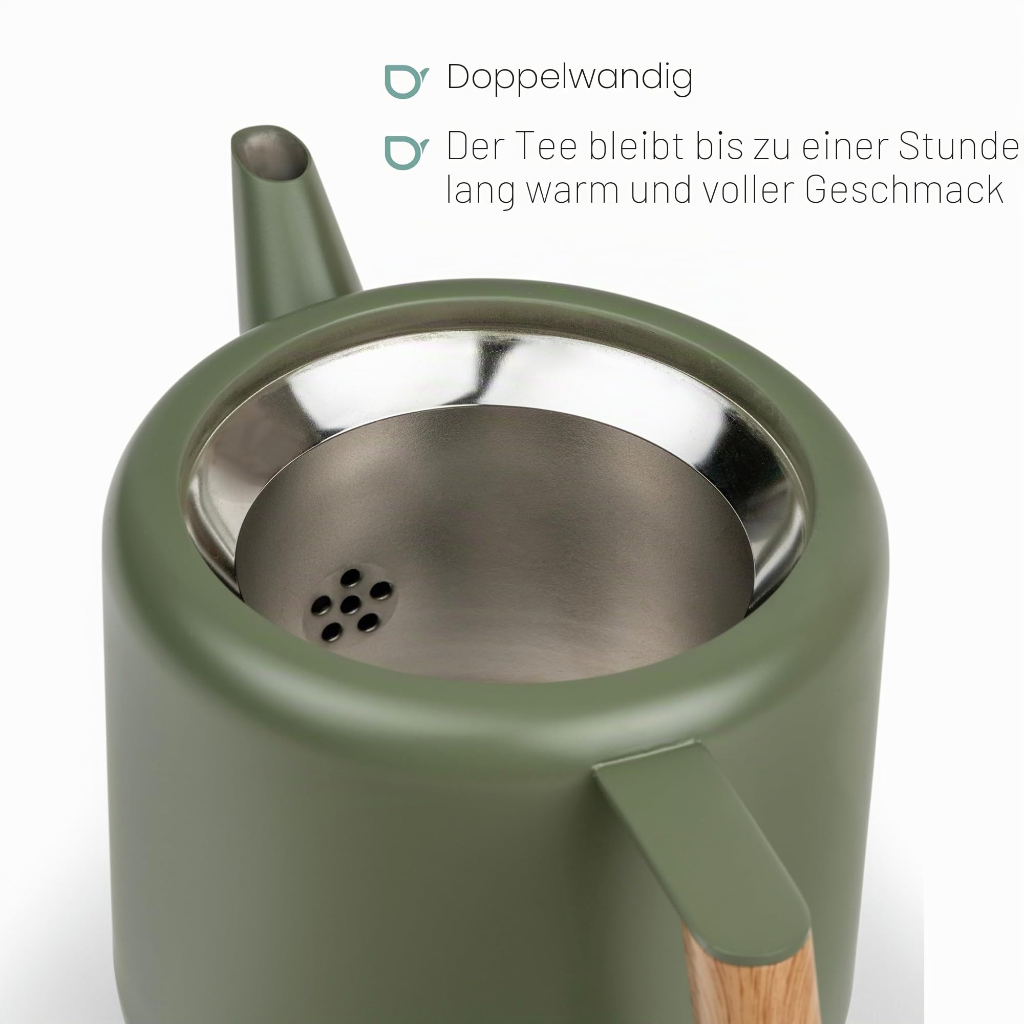 Bredemeijer grüne Edelstahl Teekanne 1.1 Liter - Griff in Holzoptik - doppelwandige Retro Kanne - für längeren, warmen Teegenuss