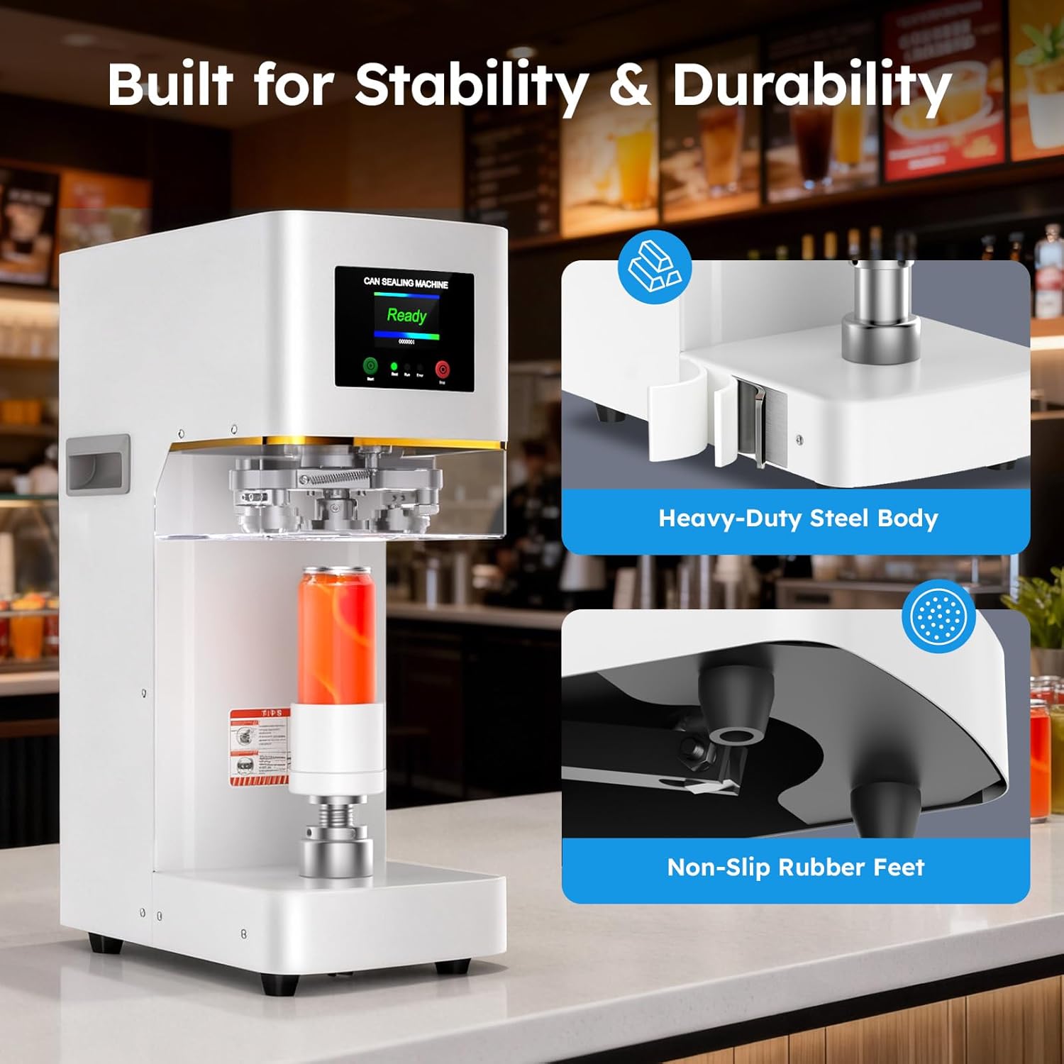 Commercial Can Sealer Machine, Fully Automatic Soda Can Sealer Machine for Drinks with 360° Seam Sealing & Auto Lifting System, Heavy-Duty Steel Can Sealing Machine for Aluminum & Plastic Cans, White