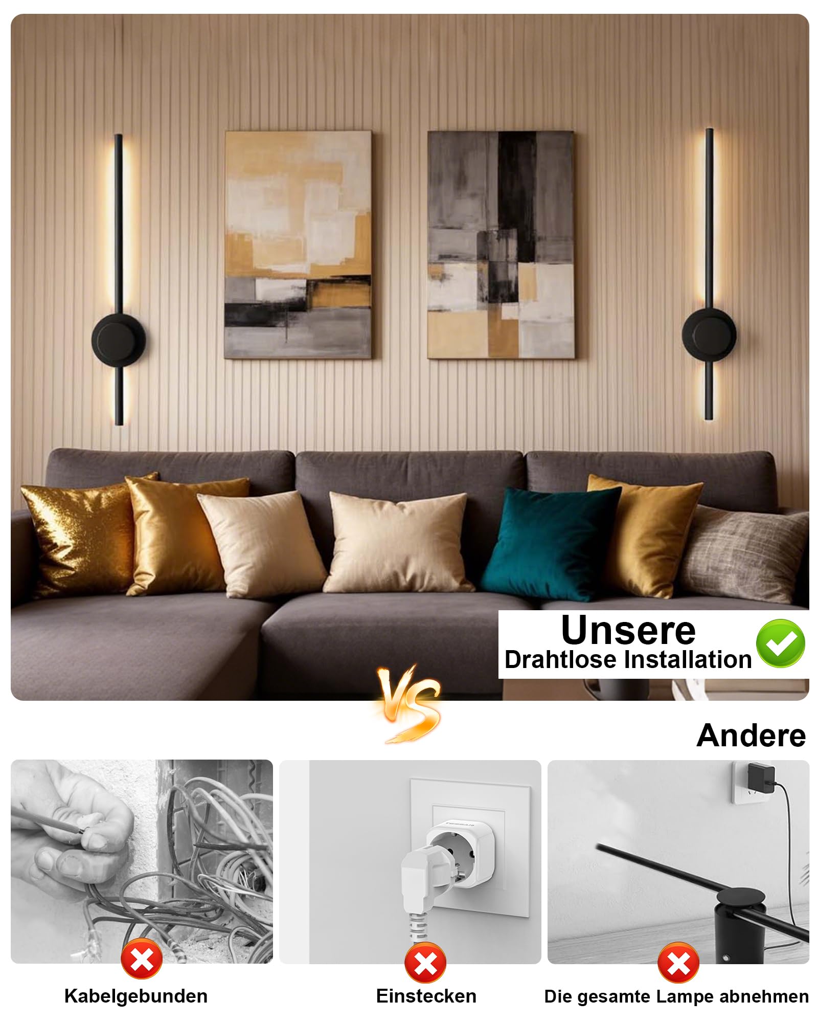 BRIMAX 2 Stück LED Akku Wandlampe Innen 70 cm Schwarz Kabellos | 3000–6500K, dimmbar, 5000mAh entnehmbarer Akku, Touch & Fernbedienung, moderne Wandleuchte für Wohnzimmer