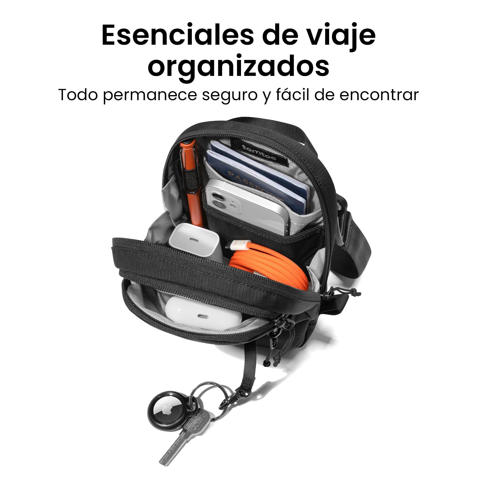 tomtoc Bolso Bandolera Antirrobo para Viaje con Cremallera Segura, Portadocumentos con Protección RFID, Capacidad para 4-6 Pasaportes, Múltiples Bolsillos para Tarjetas – Organizador Unisex