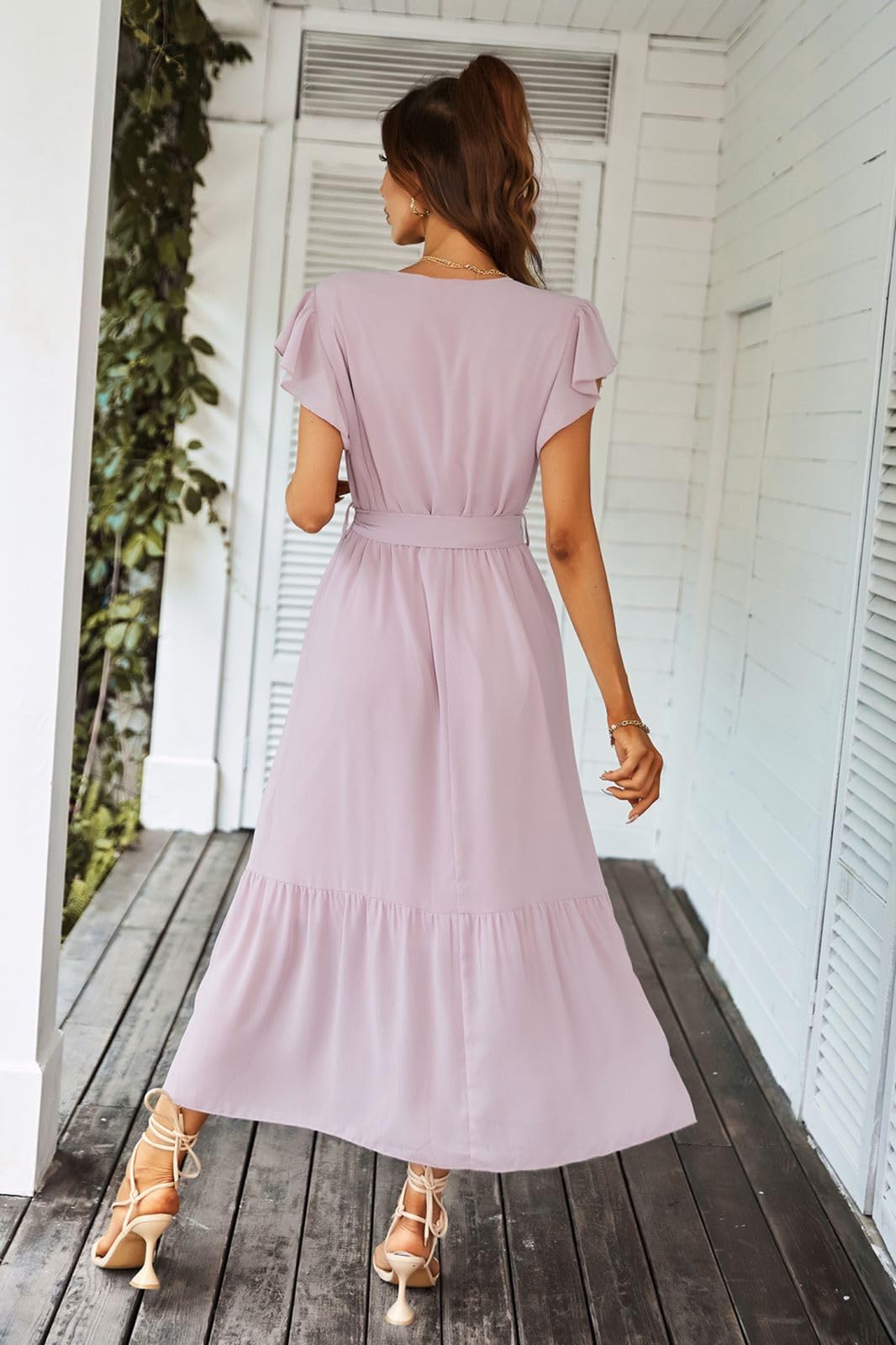Awemeal Elegancka sukienka damska, letnia sukienka z dekoltem w serek, z krótkim rękawem, długa, letnia sukienka w stylu boho, z paskiem, falbankami, obszyciem, sukienka plażowa, linia A, płynna