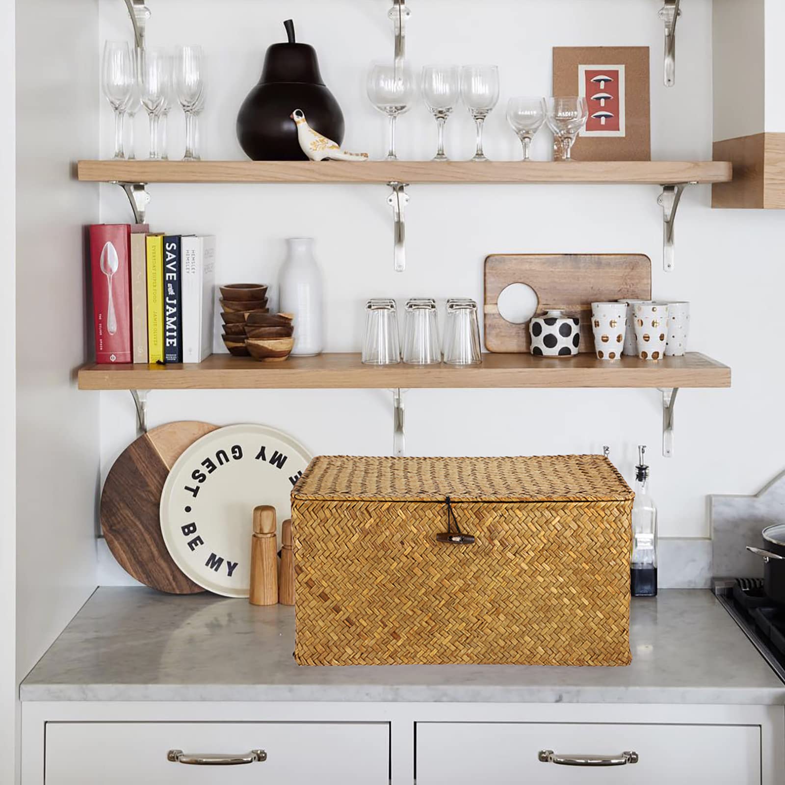 Cesto Portaoggetti In Erba Marina Con Coperchio – 40x28x19 Cm, Naturale Con Fibbia, Per Armadio E Soggiorno