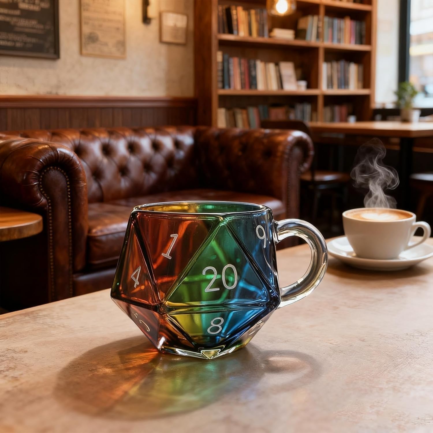 Tasse en Verre Arc-en-Ciel et Bouteille pour Styles D20 Gobelet à dés avec 5 dés à Poignée - Gobelet de Boisson en Résine Facettée pour Jeux et Jeu