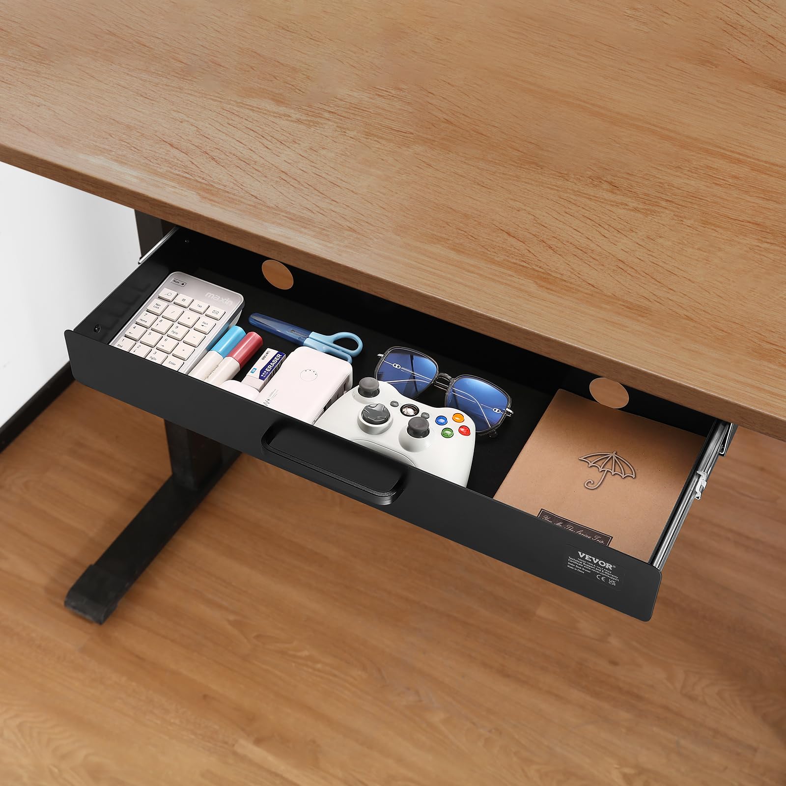 VEVOR Cassetto Estraibile Sotto Scrivania 635 x 232 x 75 mm Organizzatore Nascosto per Riporre Oggetti sulla Scrivania, Cassetto Portapenne Sotto Tavolo, per Postazioni di Lavoro da Ufficio, Nero
