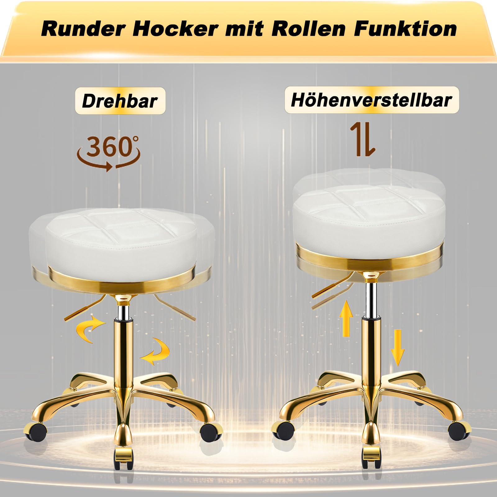 Doré Tabouret à roulettes Ergonomique Rond Chaise Roulant Cuir PU Pivotant Bureau Salon Medical Réglable Hauteur 45-58 cm Blanc