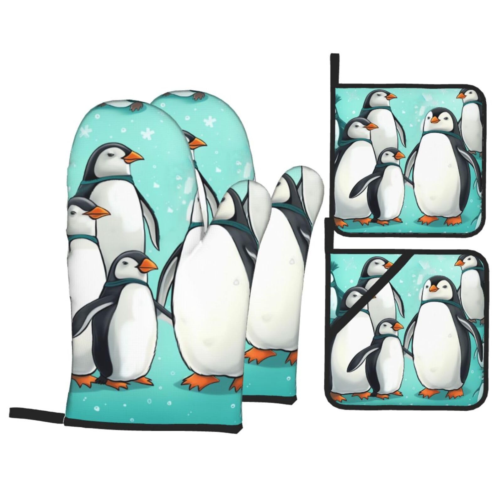 4 Piece Oven Mitts and Pot Holders Set Heat Resistant Oven Gloves and Potholders BBQ Gloves Hot Pads Cute Penguins Cooking Gloves for Kitchen Baking Grilling